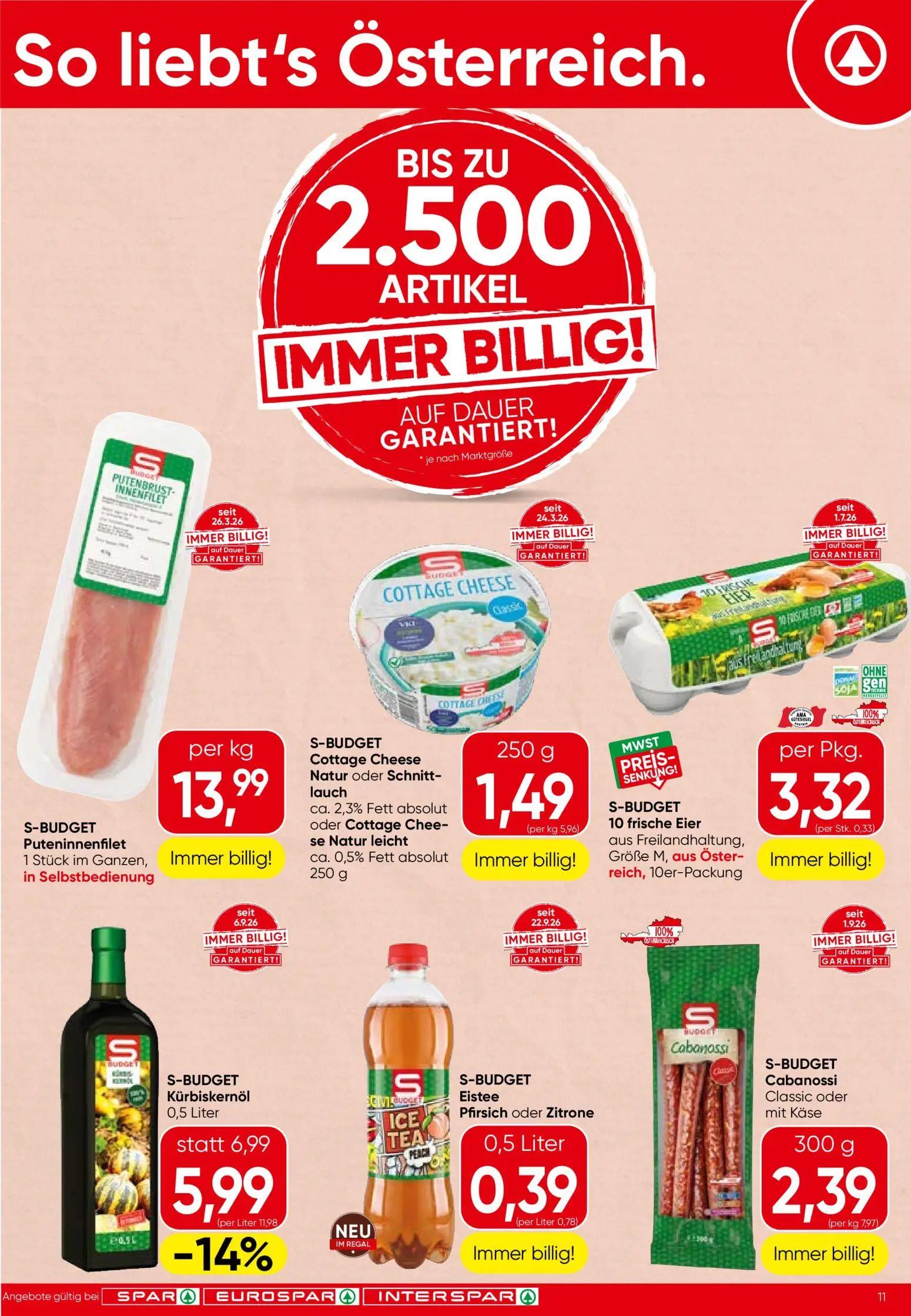Spar Prospekt, Seite 11 von 20 — S-BUDGET Kürbiskernöl, S-BUDGET Puteninnenfilet, S-BUDGET Cottage Cheese Natur oder Schnitt…
