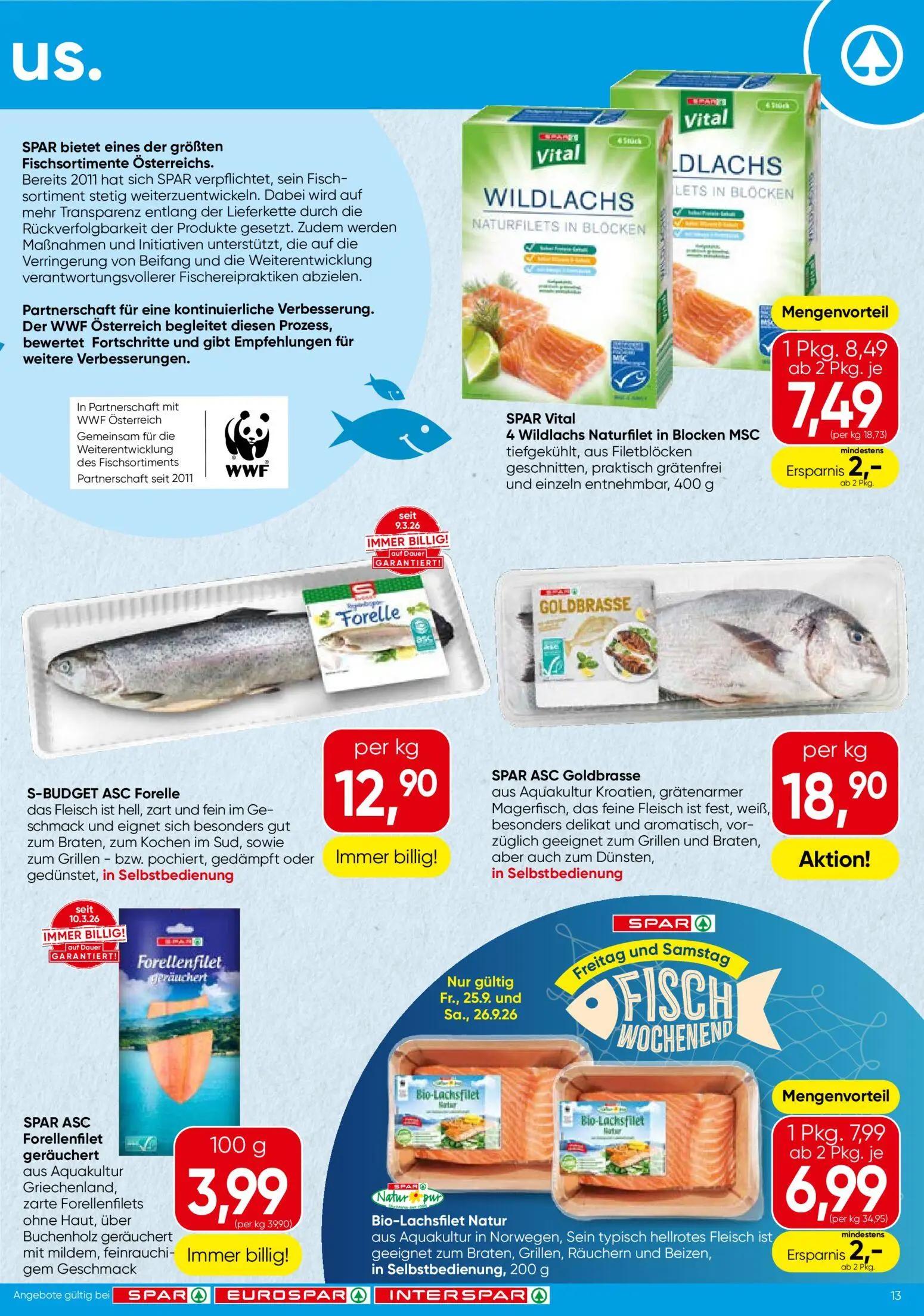 Spar Prospekt, Seite 13 von 20 — SPAR Vital 4 Wildlachs Naturfilet in Blocken MSC, Bio-Lachsfilet Natur, S-BUDGET ASC Forelle