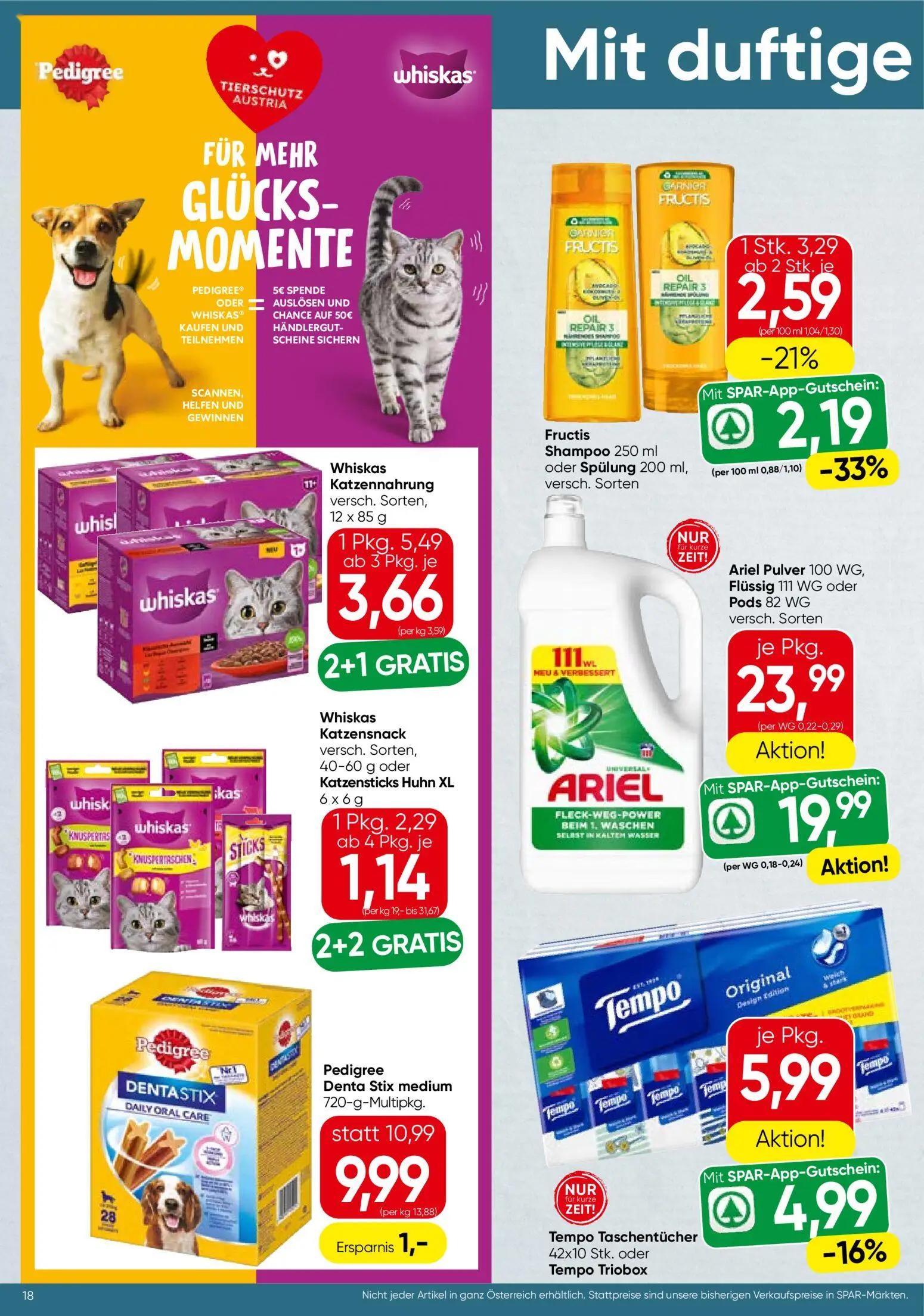 Spar Prospekt, Seite 18 von 20 — Ariel Pulver, Flüssig oder Pods, Whiskas Katzennahrung, Whiskas Katzensnack oder Katzenstic…