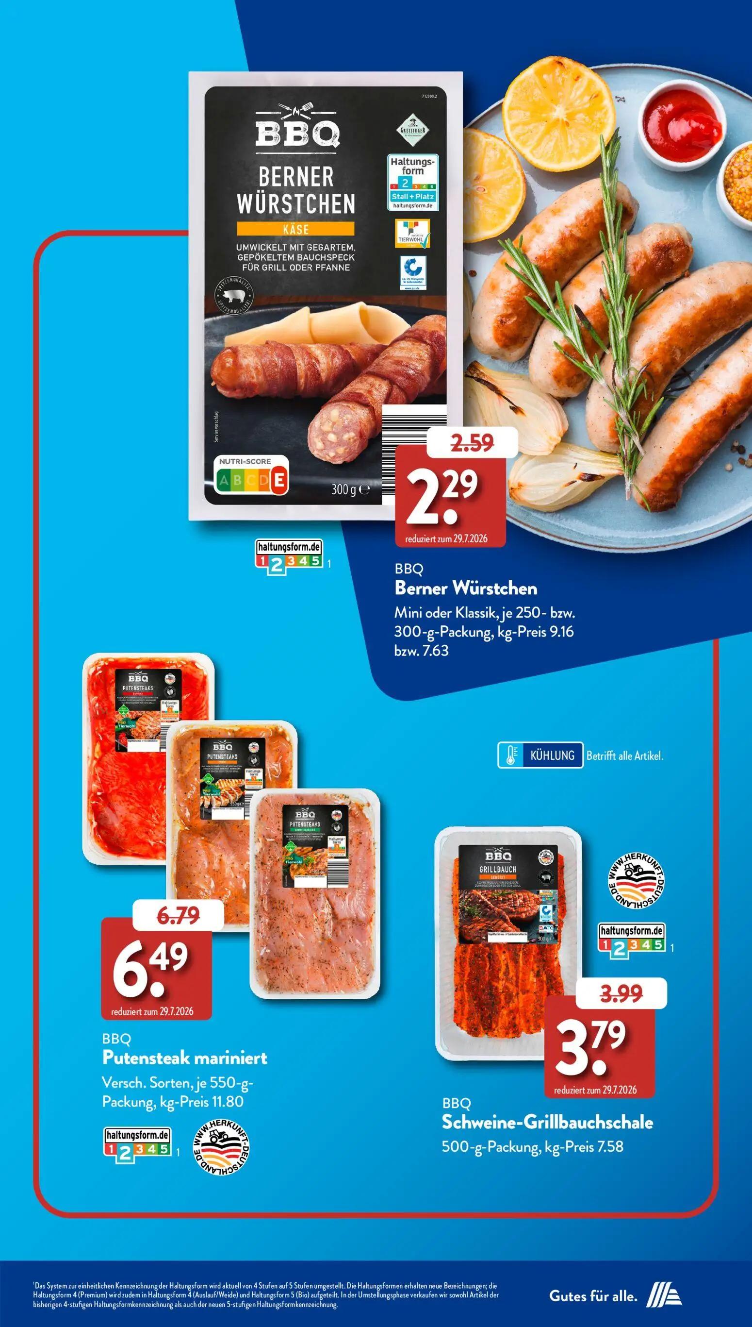 Aldi Süd Prospekt, Seite 17 von 60 — Berner Würstchen, Putensteak mariniert, Schweine-Grillbauchschale