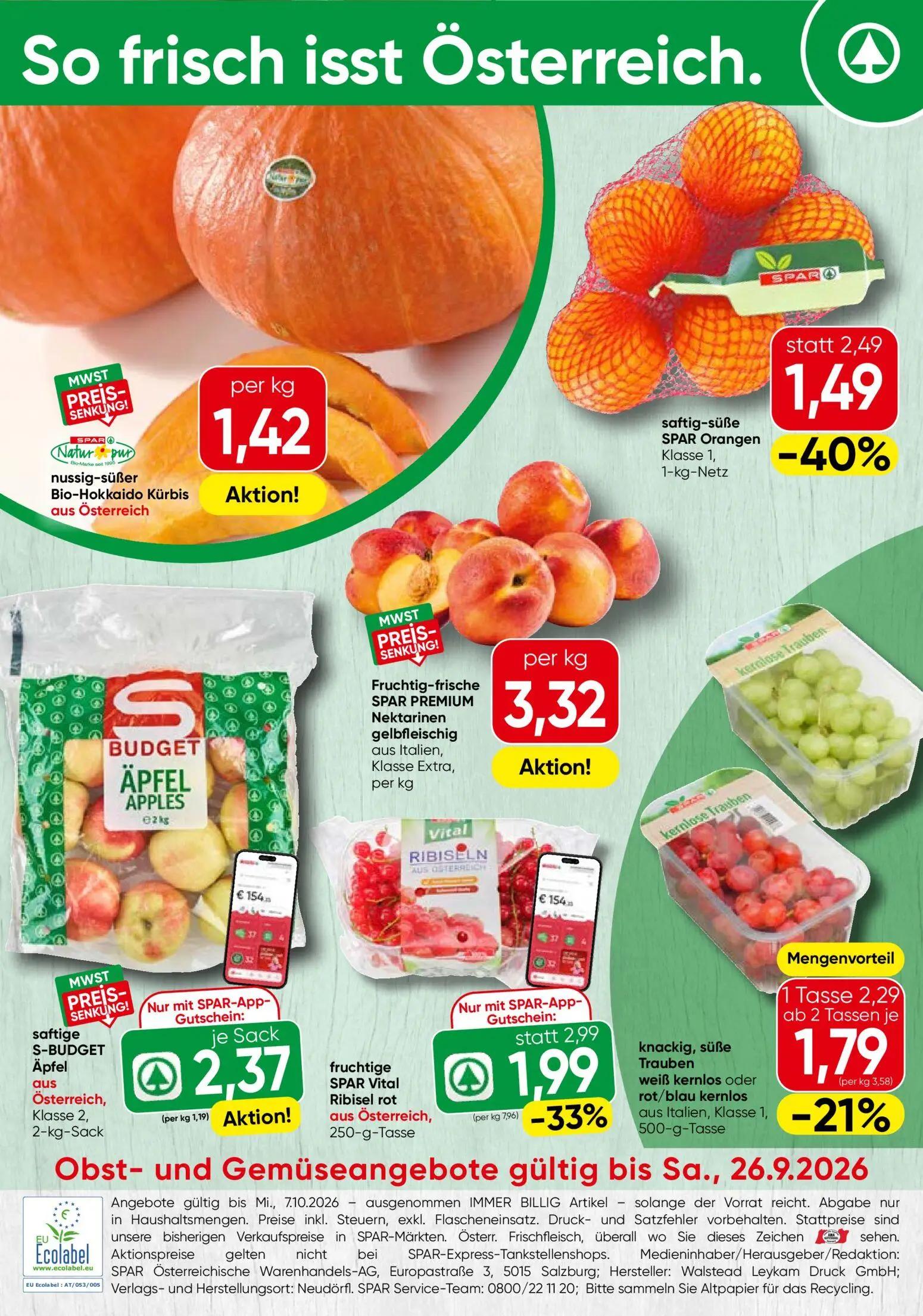 Spar Prospekt, Seite 20 von 20 — SPAR Orangen, SPAR Vital Ribisel rot aus Österreich, knackig, süße Trauben weiß kernlos ode…