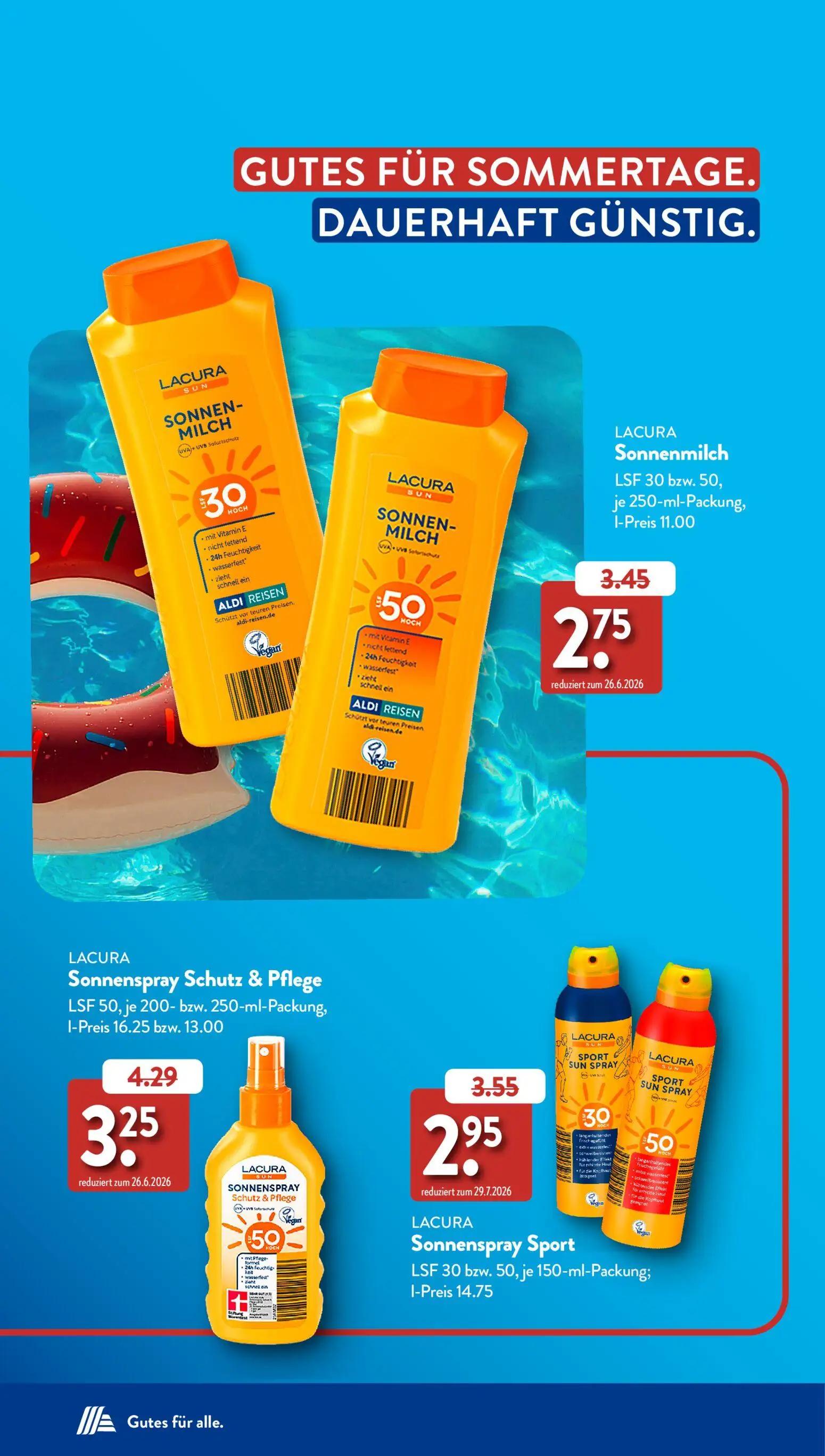 Aldi Süd Prospekt, Seite 18 von 60 — LACURA Sonnenspray Schutz & Pflege LSF 50, LACURA Sonnenmilch LSF 30 bzw. 50, LACURA So…