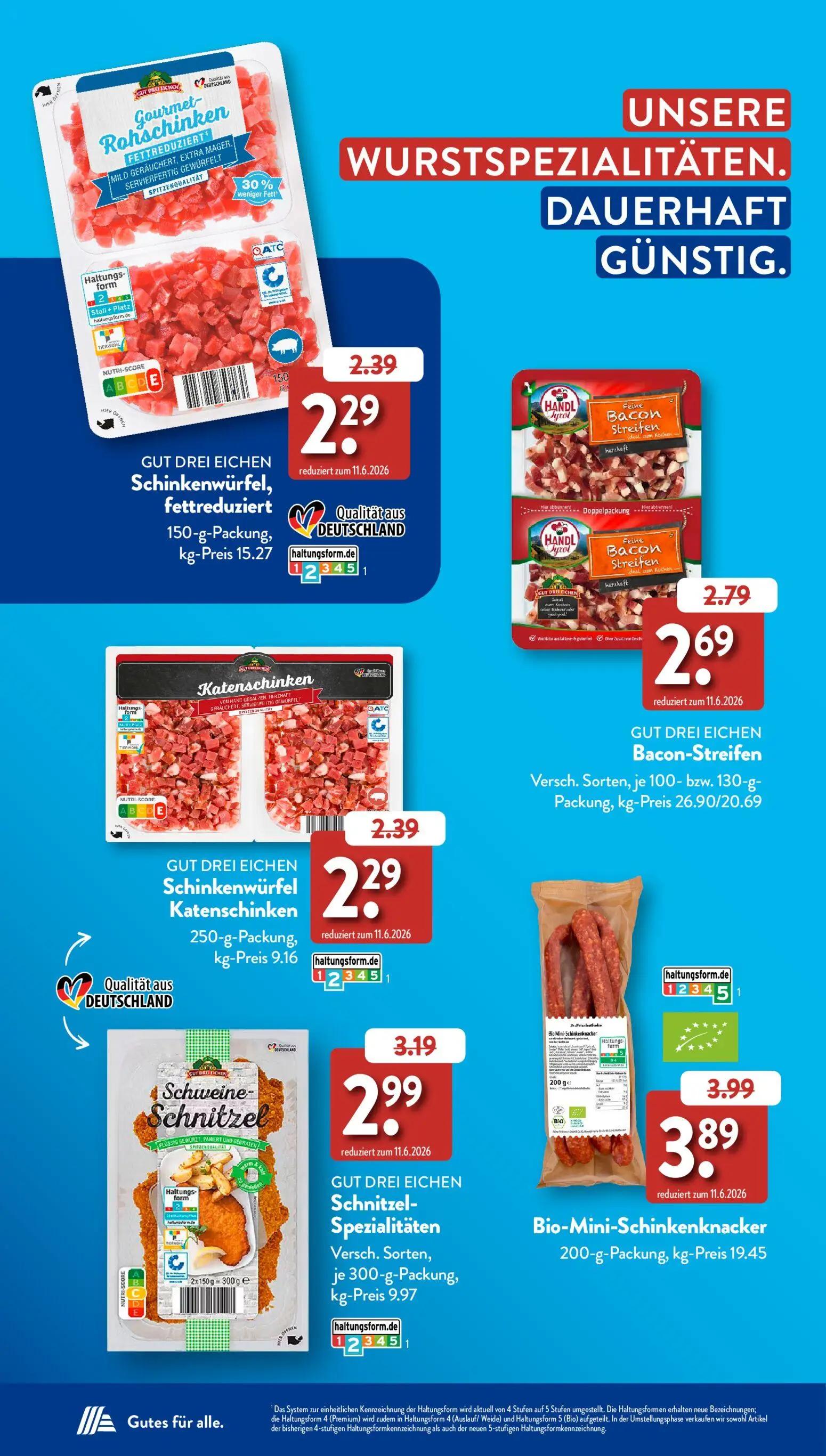 Aldi Süd Prospekt, Seite 28 von 60 — GUT DREI EICHEN Schnitzel-Spezialitäten, GUT DREI EICHEN Schinkenwürfel, fettreduziert,…
