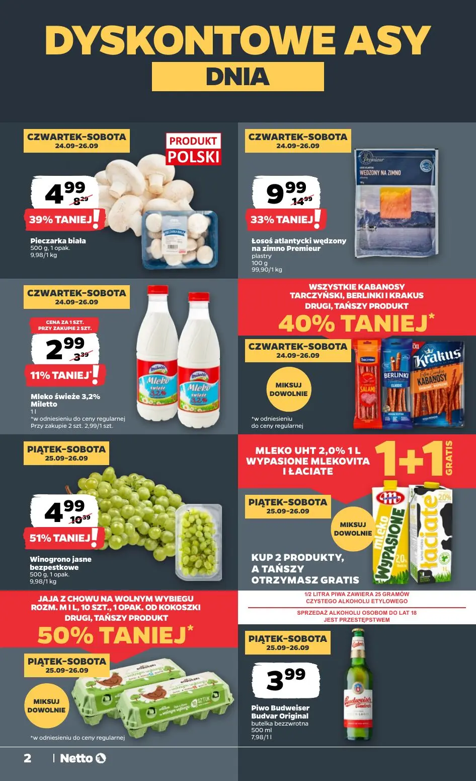 NETTO gazetka, strona 2 z 23 — Winogrono jasne bezpestkowe, Łosoś atlantycki wędzony na zimno Premieur, Pieczarka biała