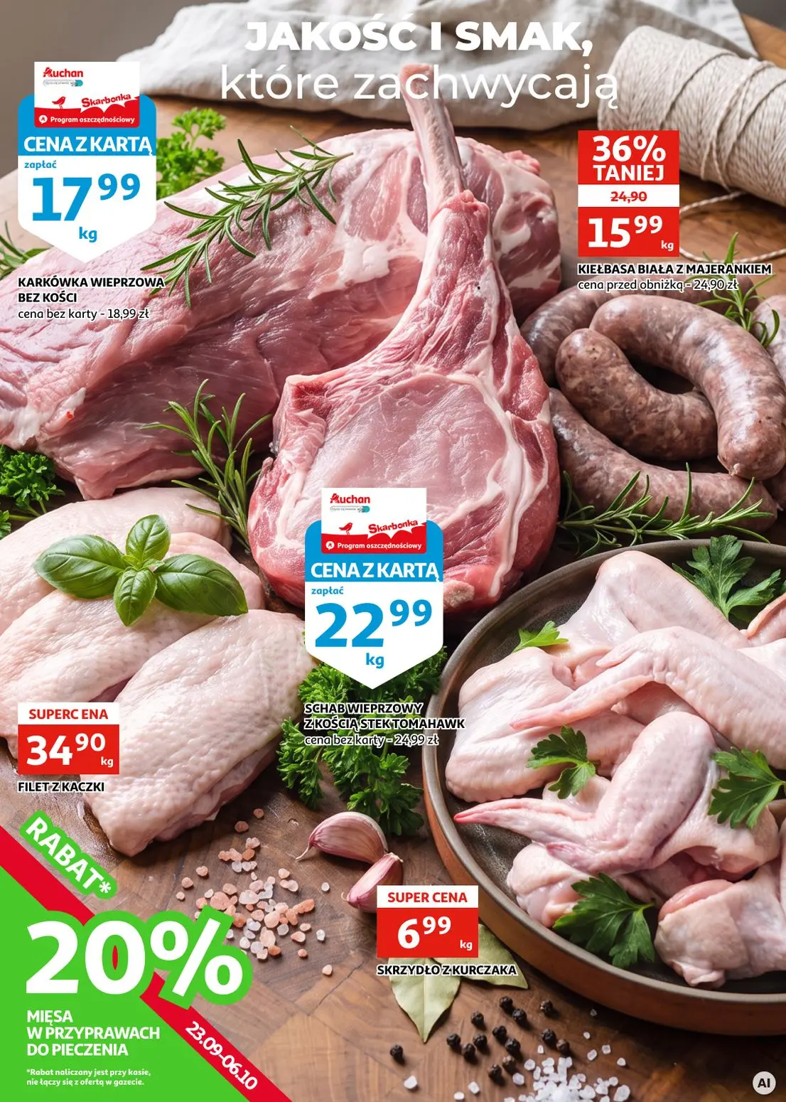 Auchan gazetka, strona 2 z 25 — KIEŁBASA BIAŁA Z MAJERANKIEM, SCHAB WIEPRZOWY Z KOŚCIĄ STEK TOMAHAWK, KARKÓWKA WIEPRZOWA BEZ…