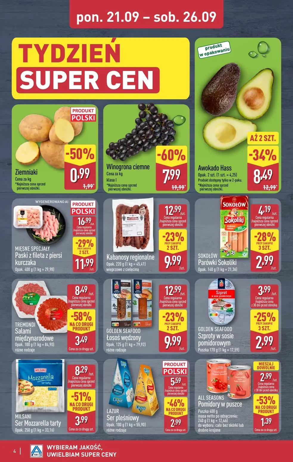 ALDI gazetka, strona 4 z 13 — Winogrona ciemne, MIĘSNE SPECJALY Paski z fileta z piersi kurczaka, TREMONDI Salami międzynaro…