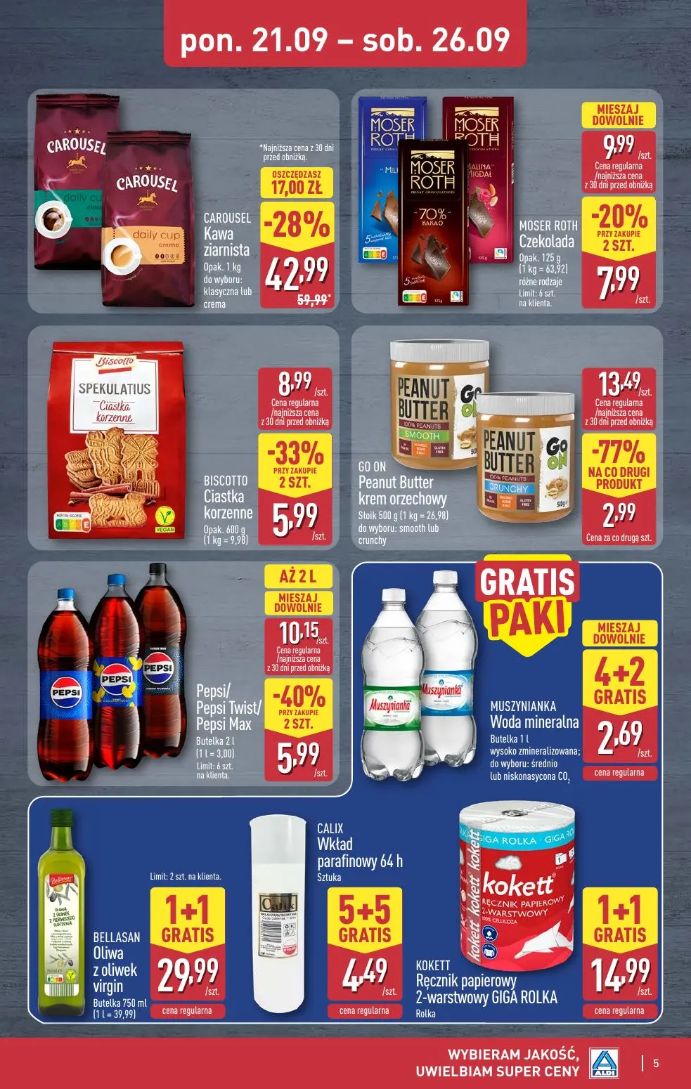 ALDI gazetka, strona 5 z 13 — CAROUSEL Kawa ziarnista, GO ON Peanut Butter krem orzechowy, Pepsi/ Pepsi Twist/ Pepsi Max
