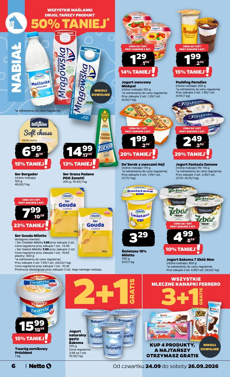NETTO gazetka, strona 6 z 23 — Twaróg sernikowy Président, Ser Gouda Miletto, Ser Grana Padano PDO Zanetti