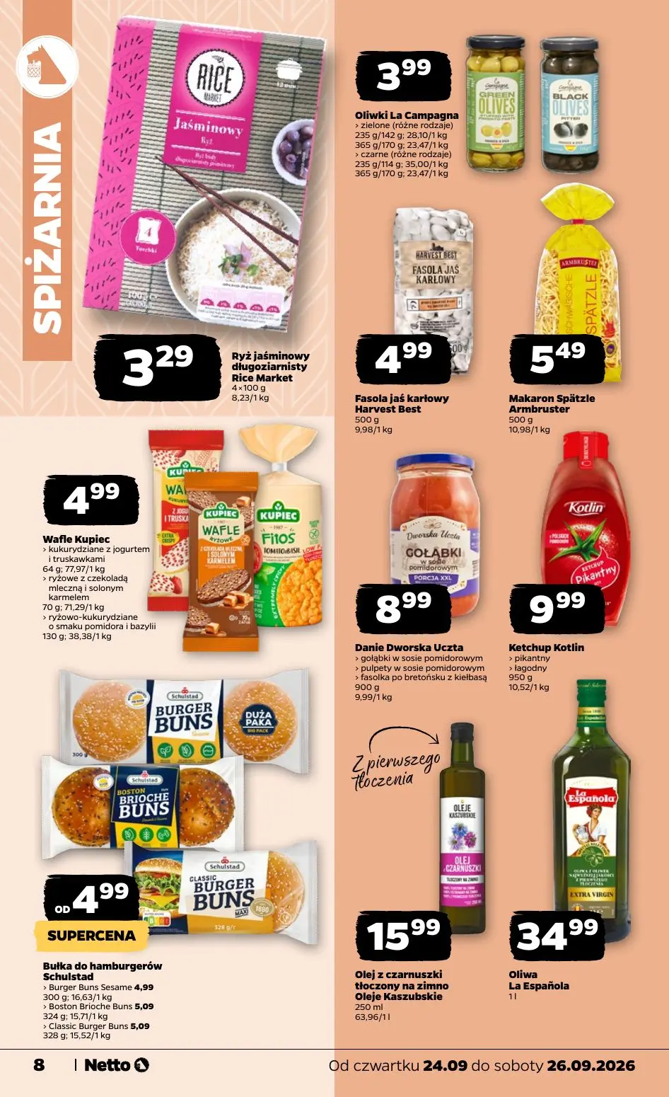 NETTO gazetka, strona 8 z 23 — Oliwki La Campagna, Ryż jaśminowy długoziarnisty Rice Market, Fasola jaś karlowy Harvest Best
