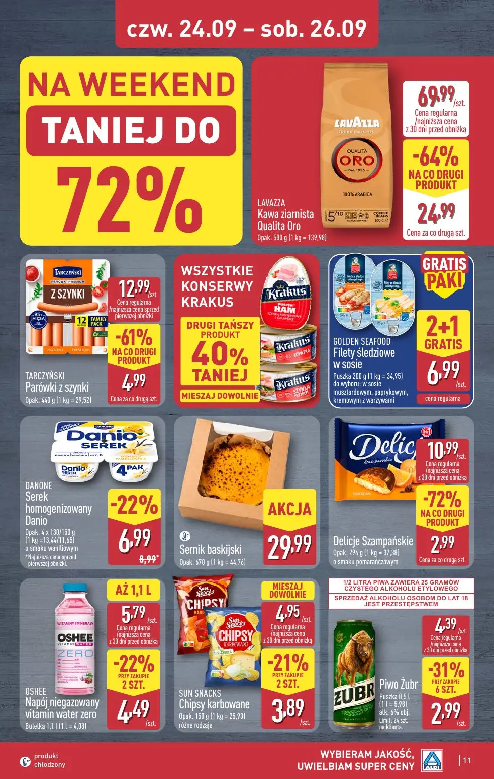 ALDI gazetka, strona 11 z 13 — LAVAZZA Kawa ziarnista Qualita Oro, TARCZYŃSKI Parówki z szynki, Delicje Szampańskie