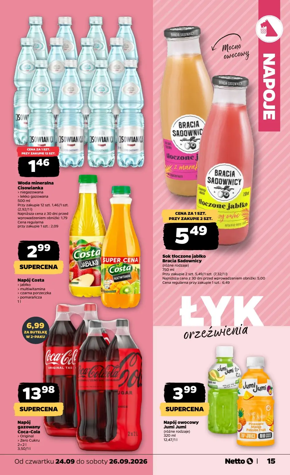 NETTO gazetka, strona 15 z 23 — Sok tłoczone jabłko Bracia Sadownicy, Woda mineralna Cisowianka, Napój Costa