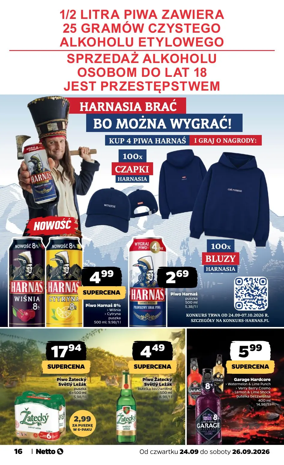 NETTO gazetka, strona 16 z 23 — Piwo Harnaś 8% > Wiśnia > Cytryna puszka, Piwo Harnaś puszka, Piwo Žatecký Světlý Ležák pusz…