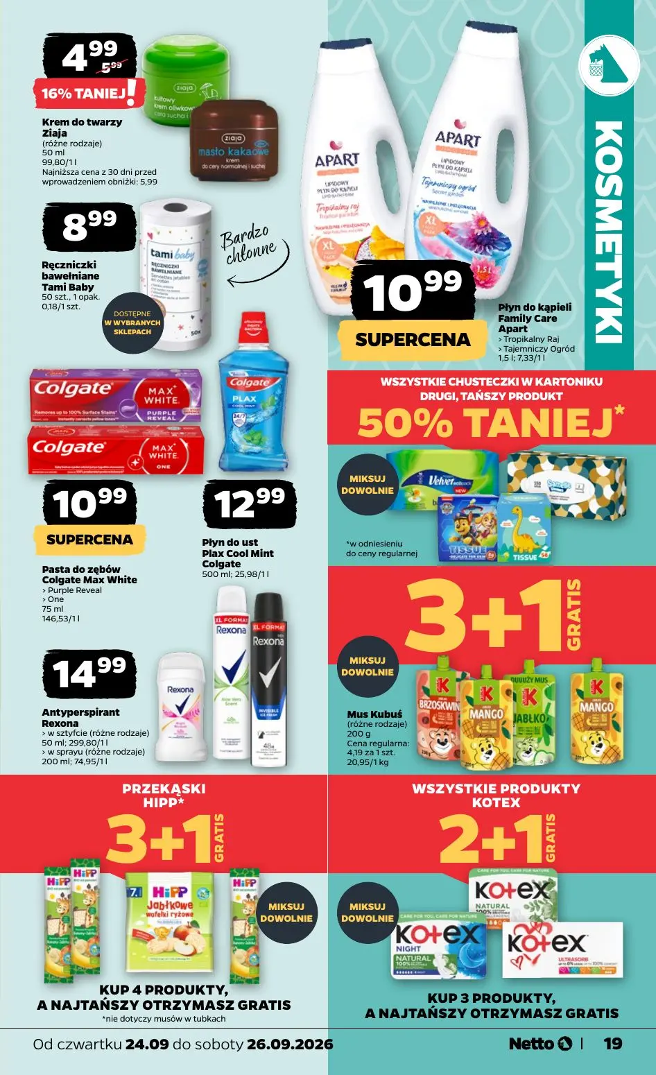 NETTO gazetka, strona 19 z 23 — Krem do twarzy Ziaja, Ręczniczki bawełniane Tami Baby, Płyn do kąpieli Family Care Apart