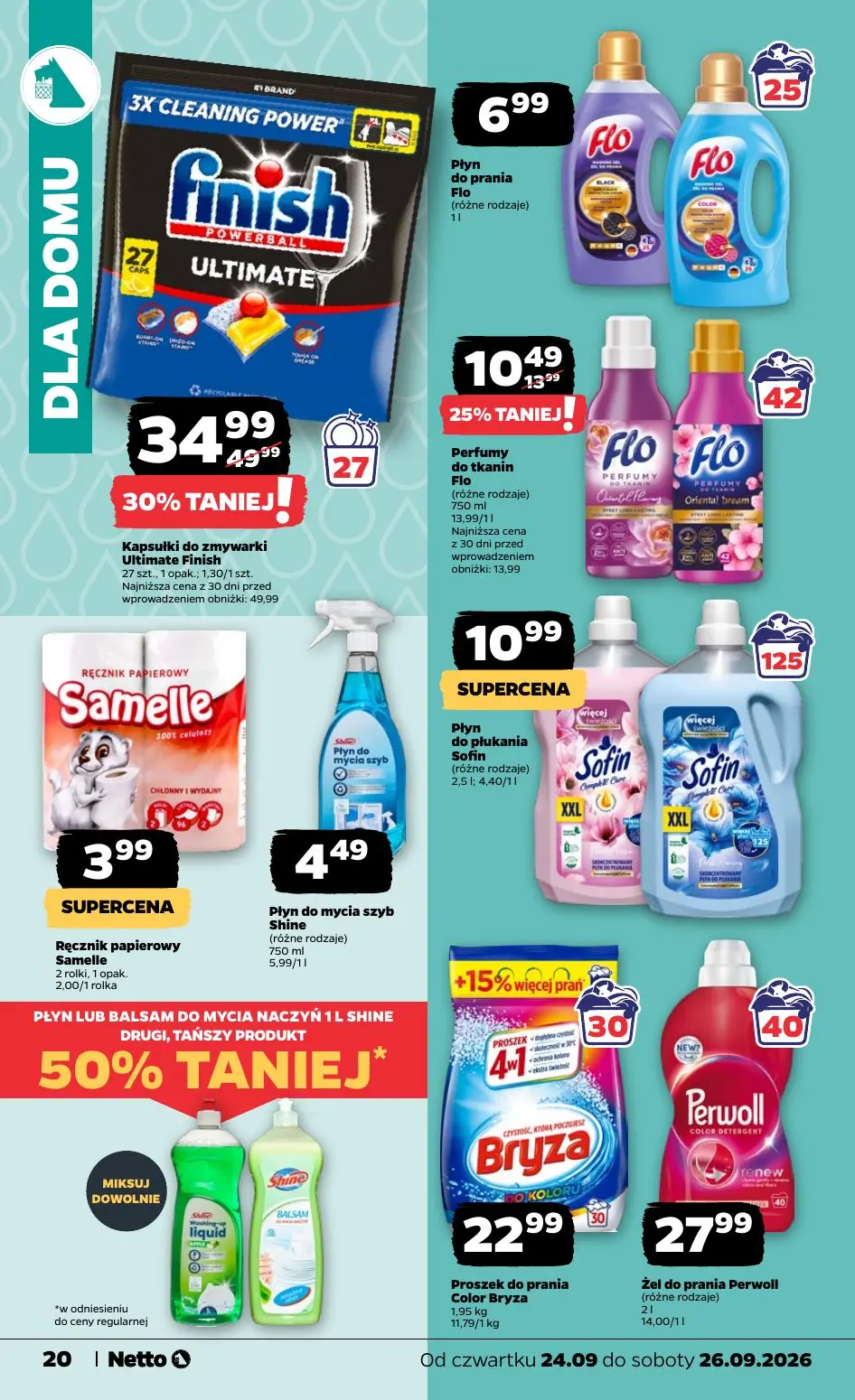 NETTO gazetka, strona 20 z 23 — Kapsułki do zmywarki Ultimate Finish, Perfumy do tkanin Flo, Płyn do prania Flo