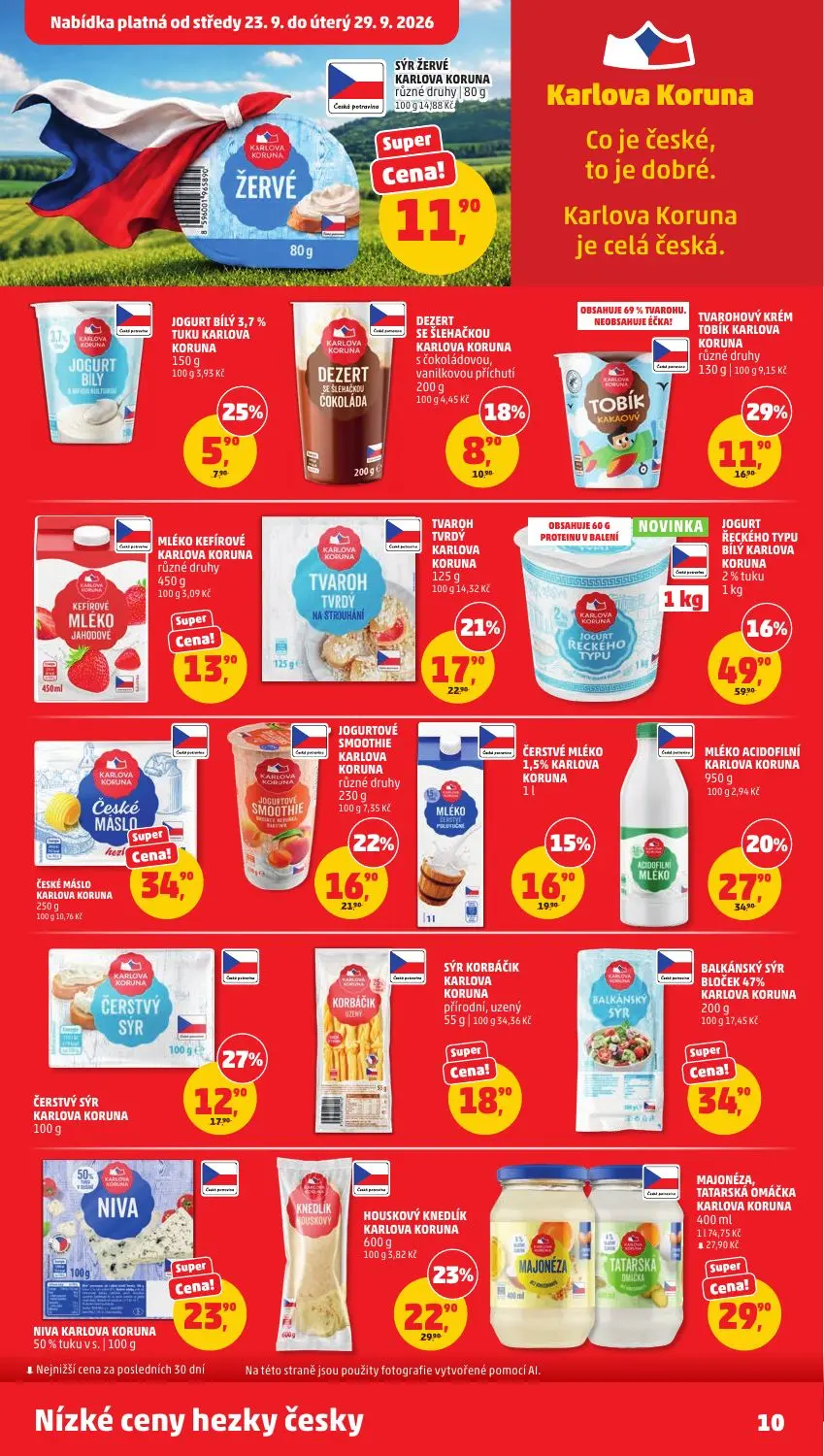 PENNY leták, strana 10 z 37 — JOGURT ŘECKÉHO TYPU BÍLÝ KARLOVA KORUNA 2% tuku, MLÉKO ACIDOFILNÍ KARLOVA KORUNA, HOUSKOVÝ KNE…