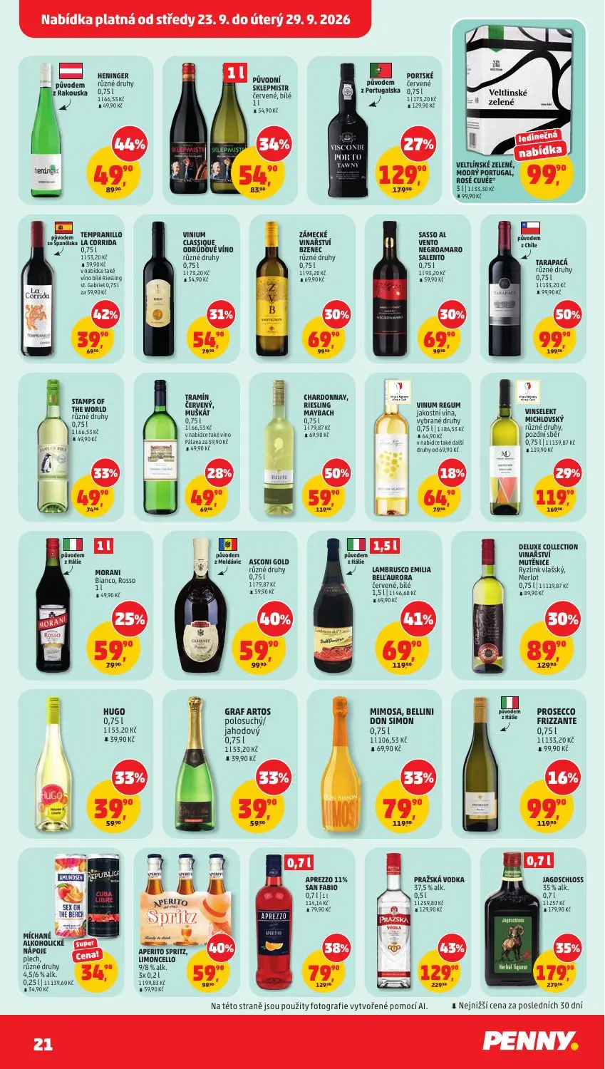 PENNY leták, strana 21 z 37 — TARAPACÁ různé druhy, PRAŽSKÁ VODKA 37,5% alk., JAGDSCHLOSS 35% alk.