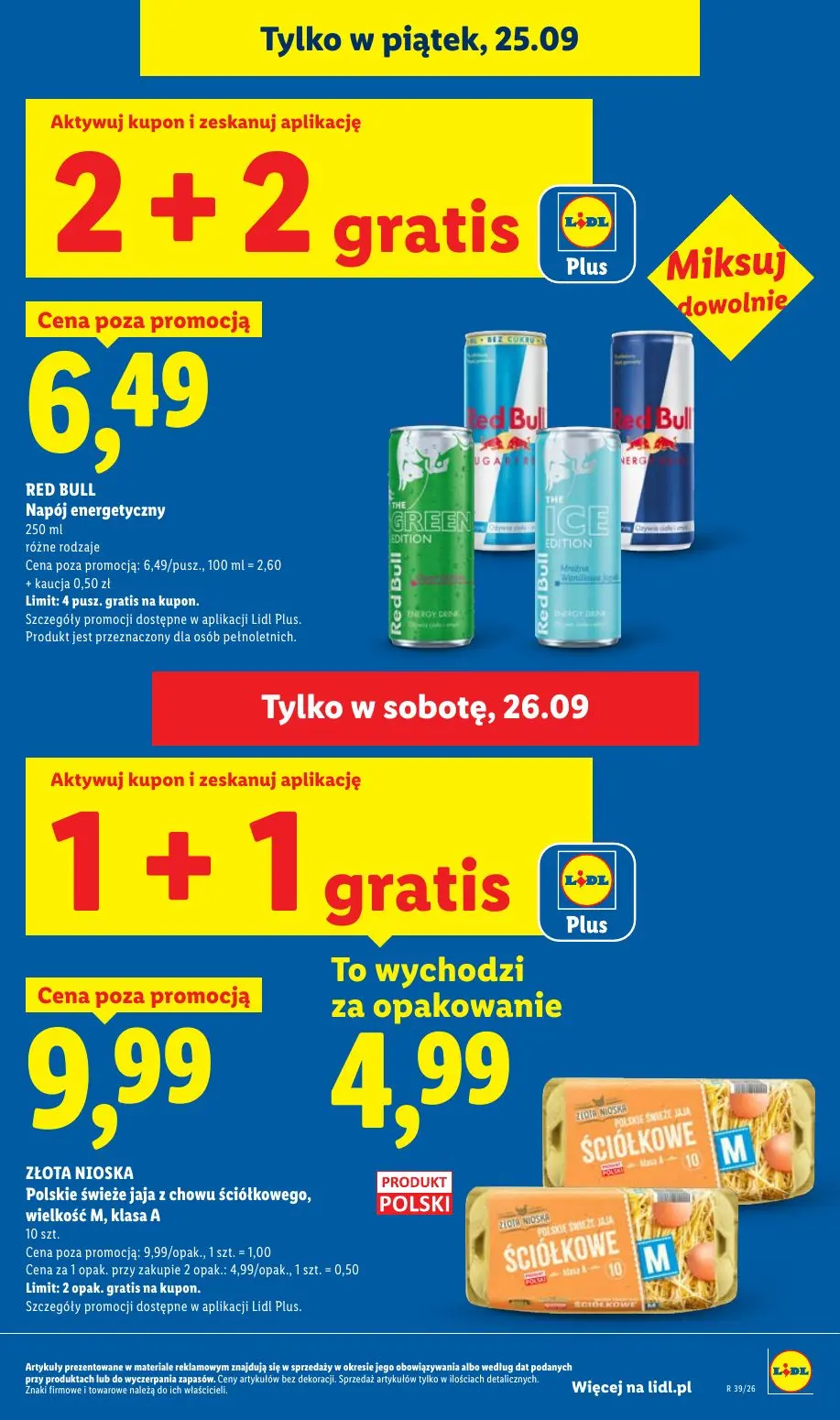 Lidl gazetka, strona 21 z 105 — ZŁOTA NIOSKA Polskie świeże jaja z chowu ściółkowego, wielkość M, klasa A, RED BULL Napój en…