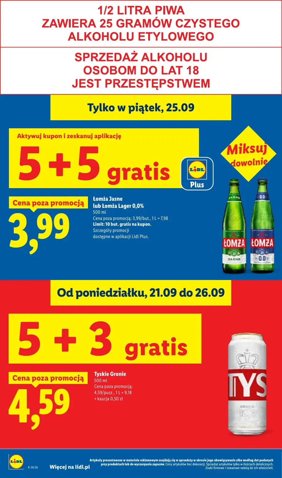 Lidl gazetka, strona 38 z 105 — Łomża Jasne lub Łomża Lager 0,0%, Tyskie Gronie