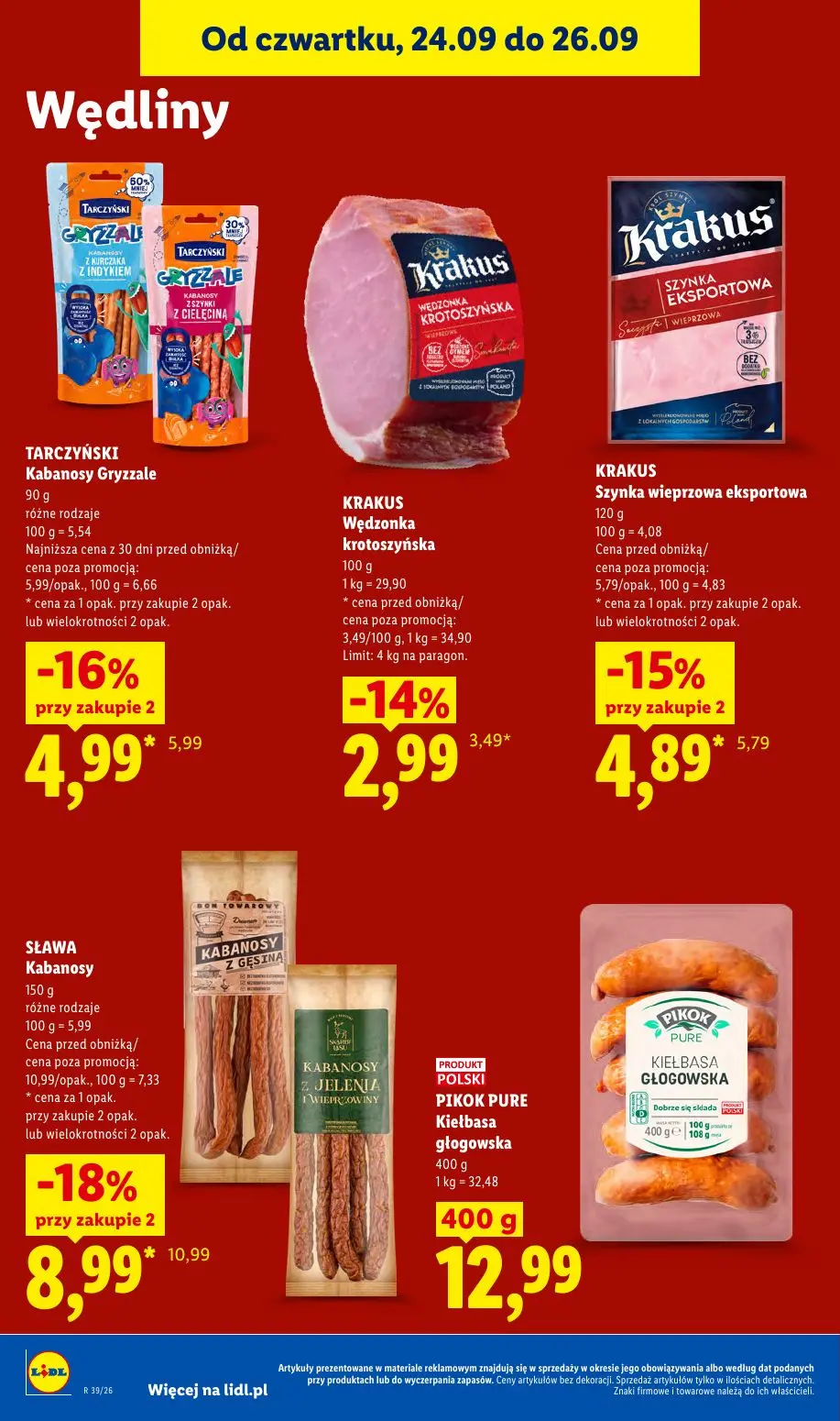 Lidl gazetka, strona 64 z 105 — SŁAWA Kabanosy, TARCZYŃSKI Kabanosy Gryzzale, KRAKUS Szynka wieprzowa eksportowa
