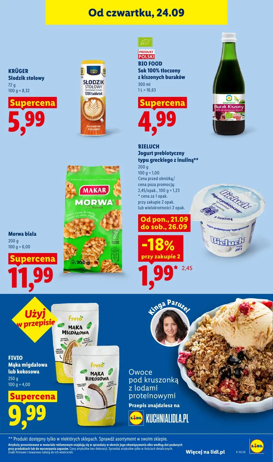 Lidl gazetka, strona 75 z 105 — BIELUCH Jogurt prebiotyczny typu greckiego z inuliną, KRÜGER Słodzik stołowy, BIO FOOD Sok 1…