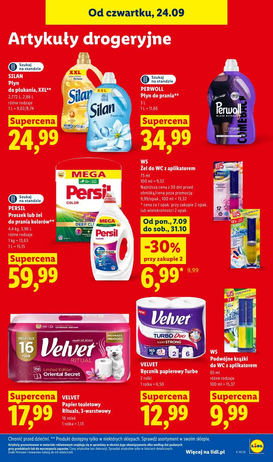Lidl gazetka, strona 99 z 105 — W5 Żel do WC z aplikatorem, SILAN Płyn do płukania, XXL, PERWOLL Płyn do prania