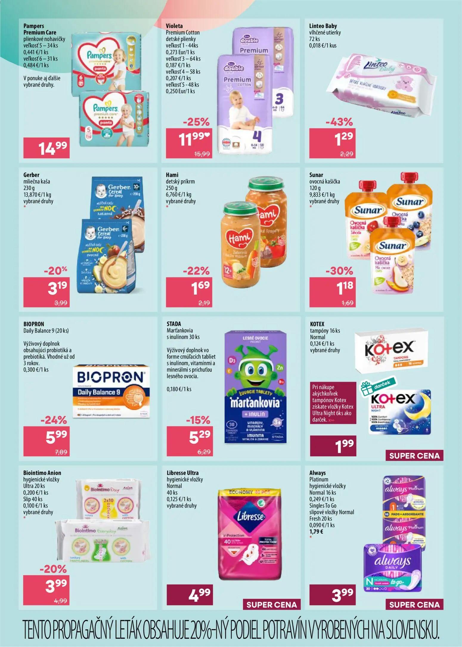 101 Drogerie leták, strana 4 z 11 — Violeta Premium Cotton detské plienky, BIOPRON Daily Balance 9, Linteo Baby vlhčené utie…