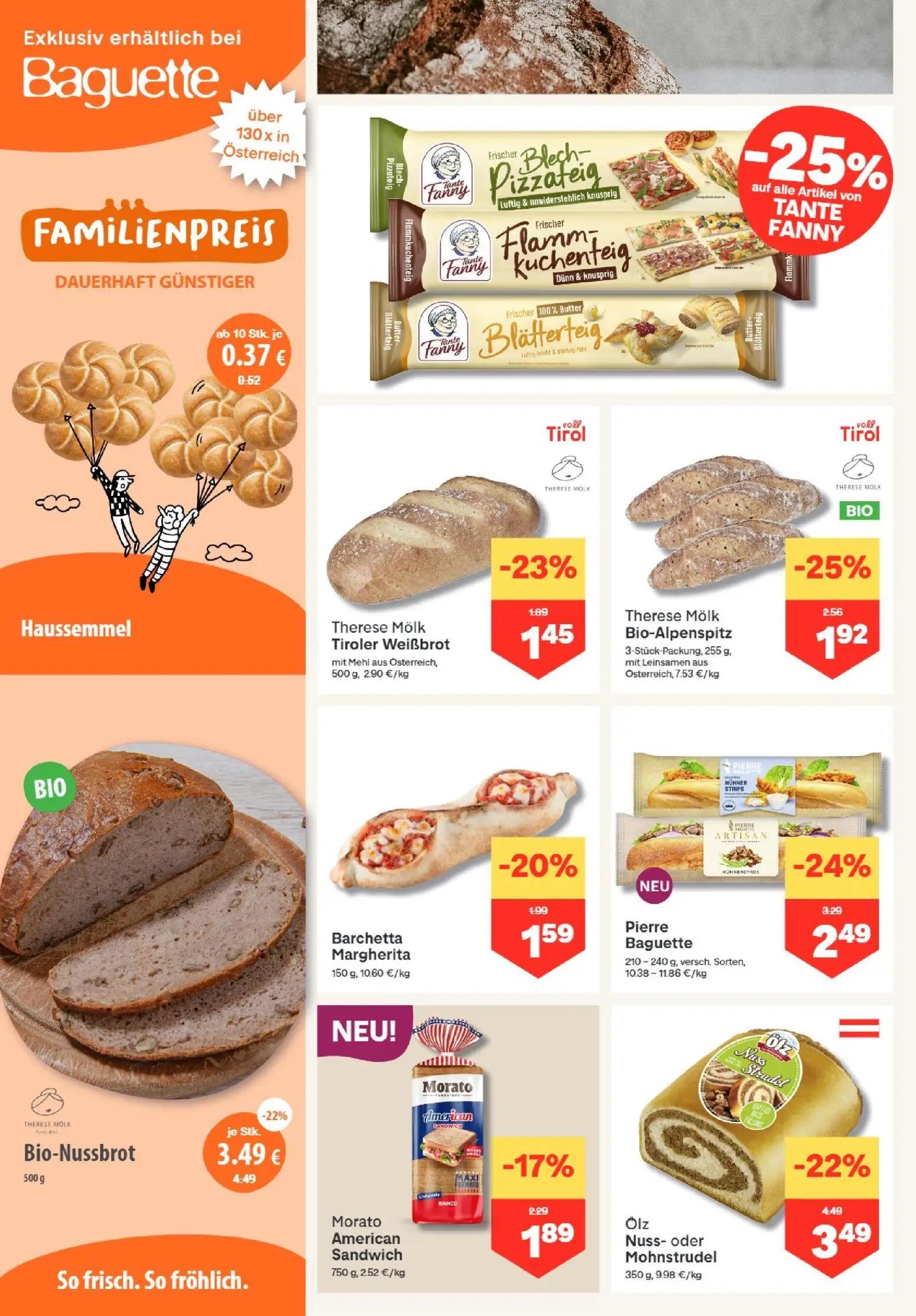 MPREIS Prospekt, Seite 4 von 16 — Bio-Nussbrot, Ölz Nuss- oder Mohnstrudel, Pierre Baguette