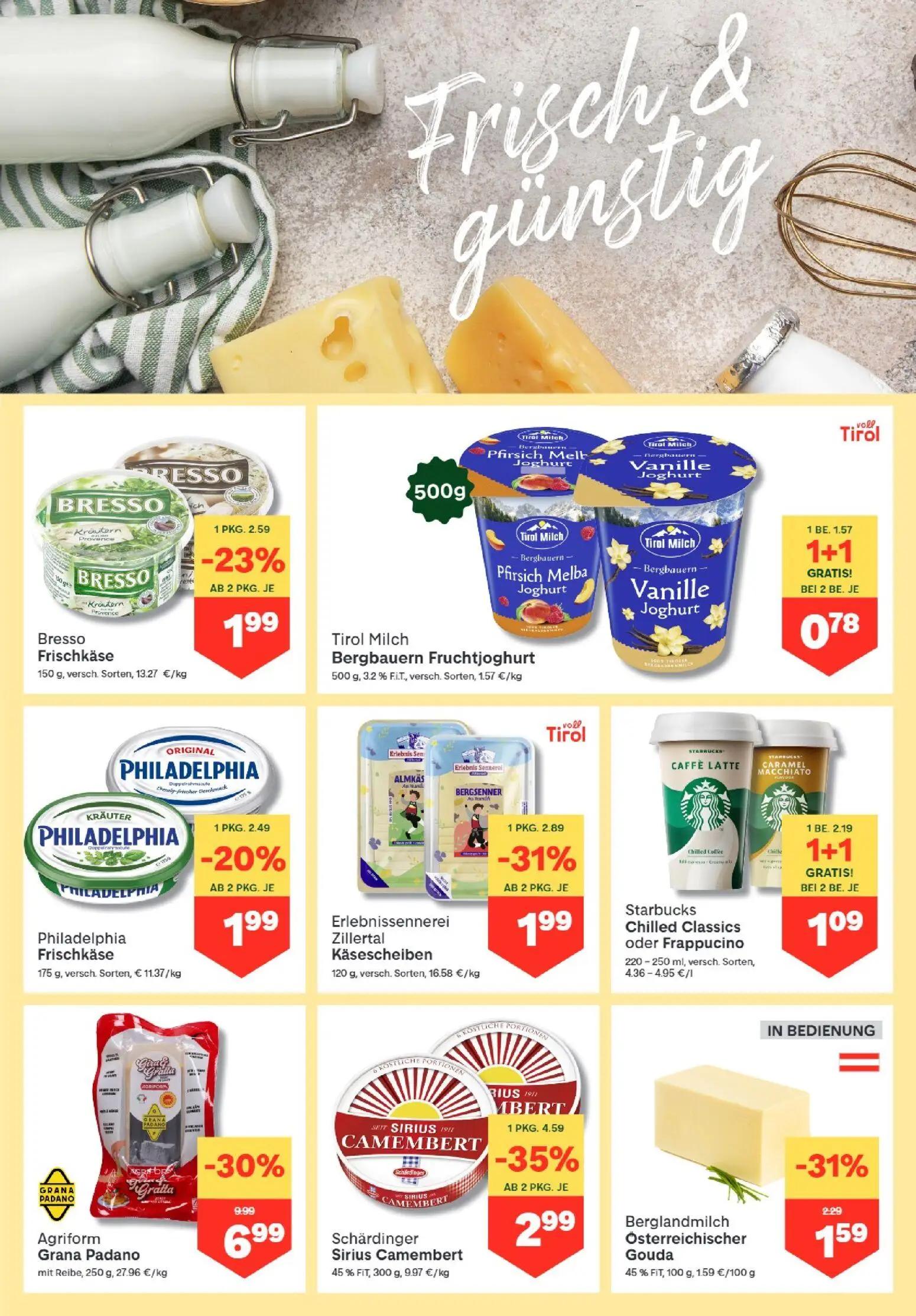 MPREIS Prospekt, Seite 5 von 16 — Agriform Grana Padano mit Reibe, Schärdinger Sirius Camembert, Starbucks Chilled Classics …