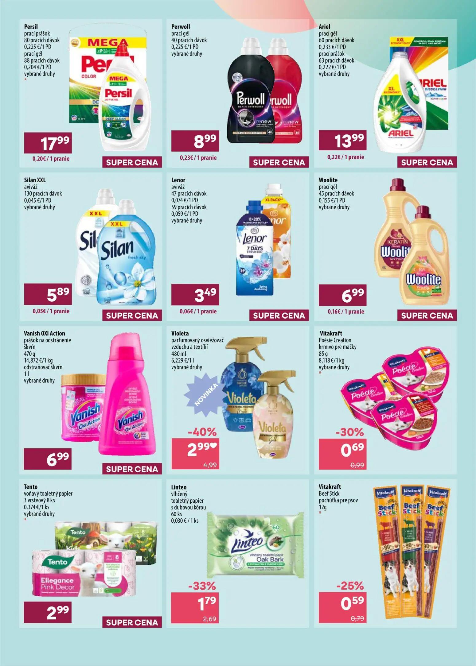 101 Drogerie leták, strana 9 z 11 — Violeta parfumovaný osviežovač vzduchu a textílií, Linteo vlhčený toaletný papier s dubo…