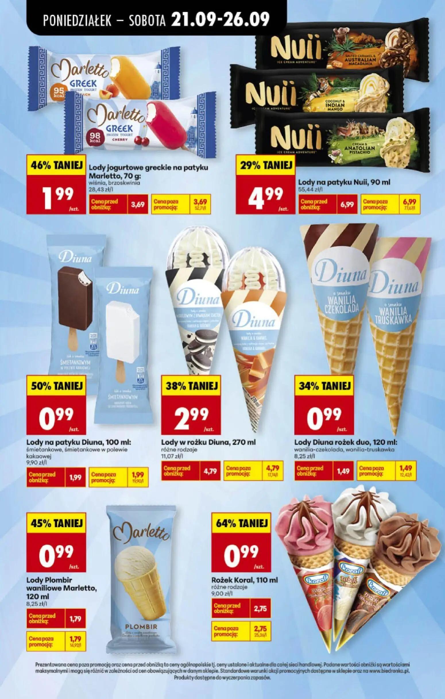 Biedronka gazetka, strona 3 z 4 — Lody na patyku Nuii, Lody w rożku Diuna, różne rodzaje, Rożek Koral, różne rodzaje