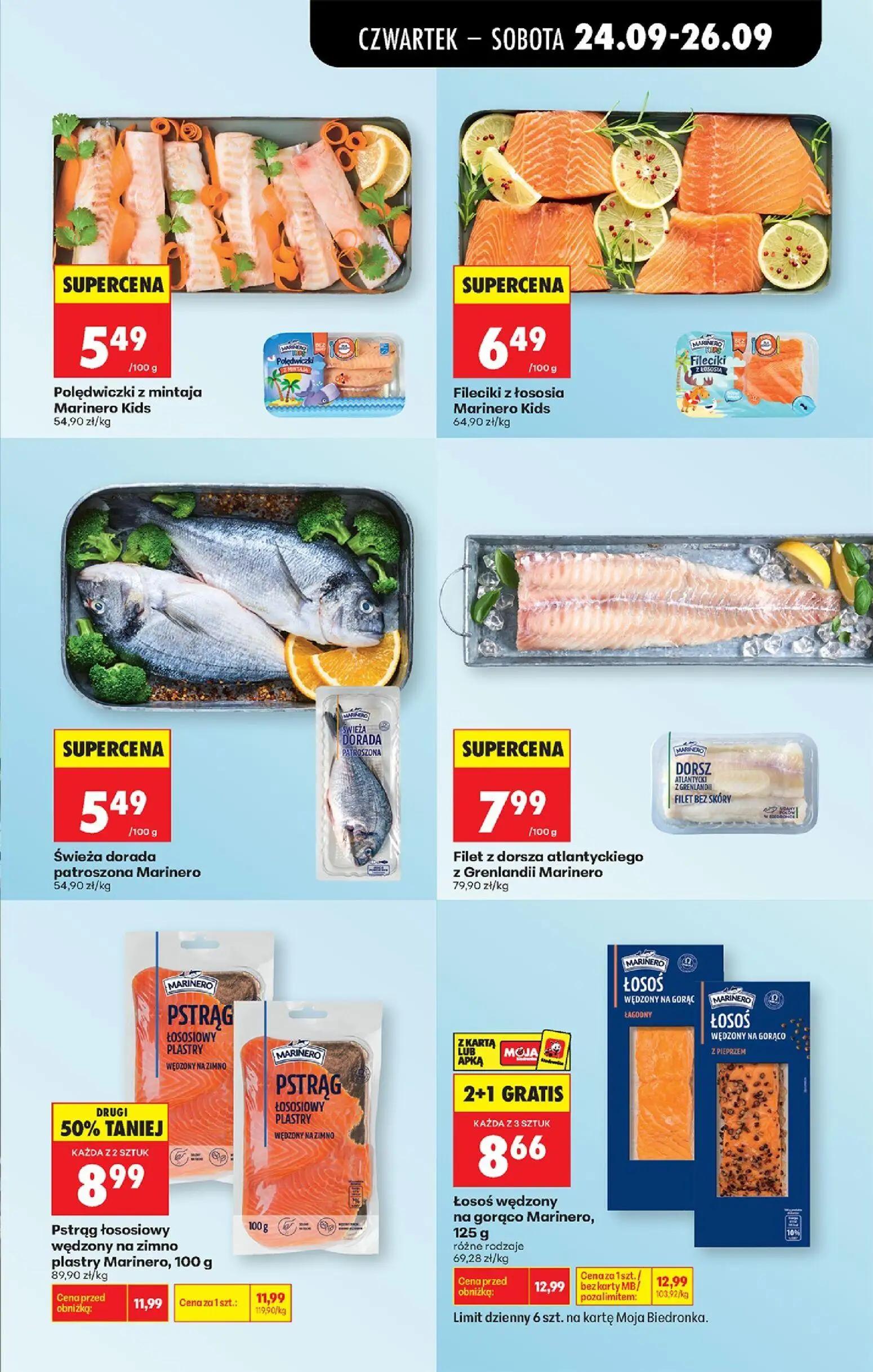 Biedronka gazetka, strona 43 z 91 — Łosoś wędzony na gorąco Marinero, 125 g, Pstrąg łososiowy wędzony na zimno plastry Marin…
