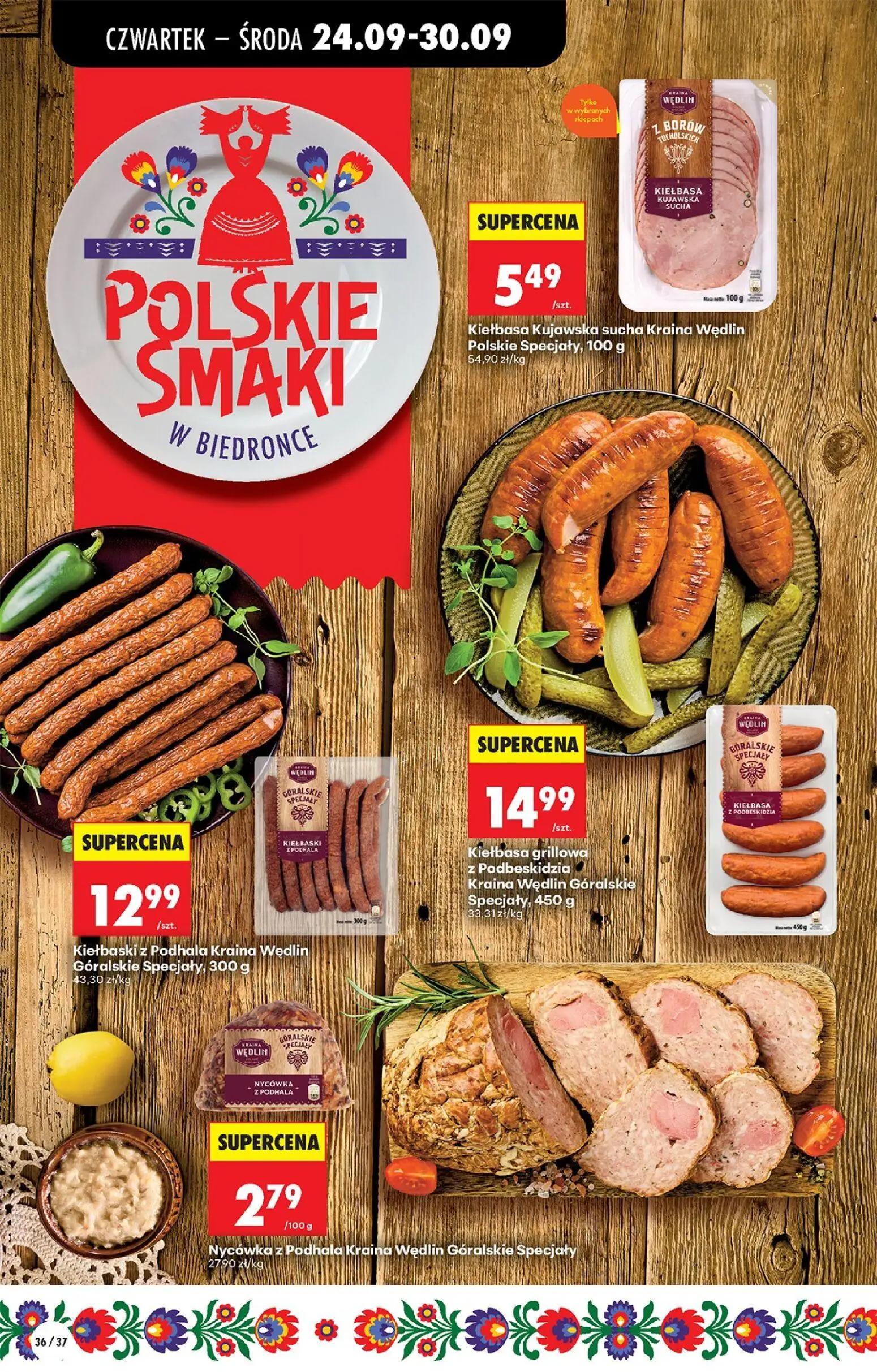 Biedronka gazetka, strona 54 z 91 — Kiełbasa Kujawska sucha Kraina Wędlin Polskie Specjały, Kiełbaski z Podhala Kraina Wedli…
