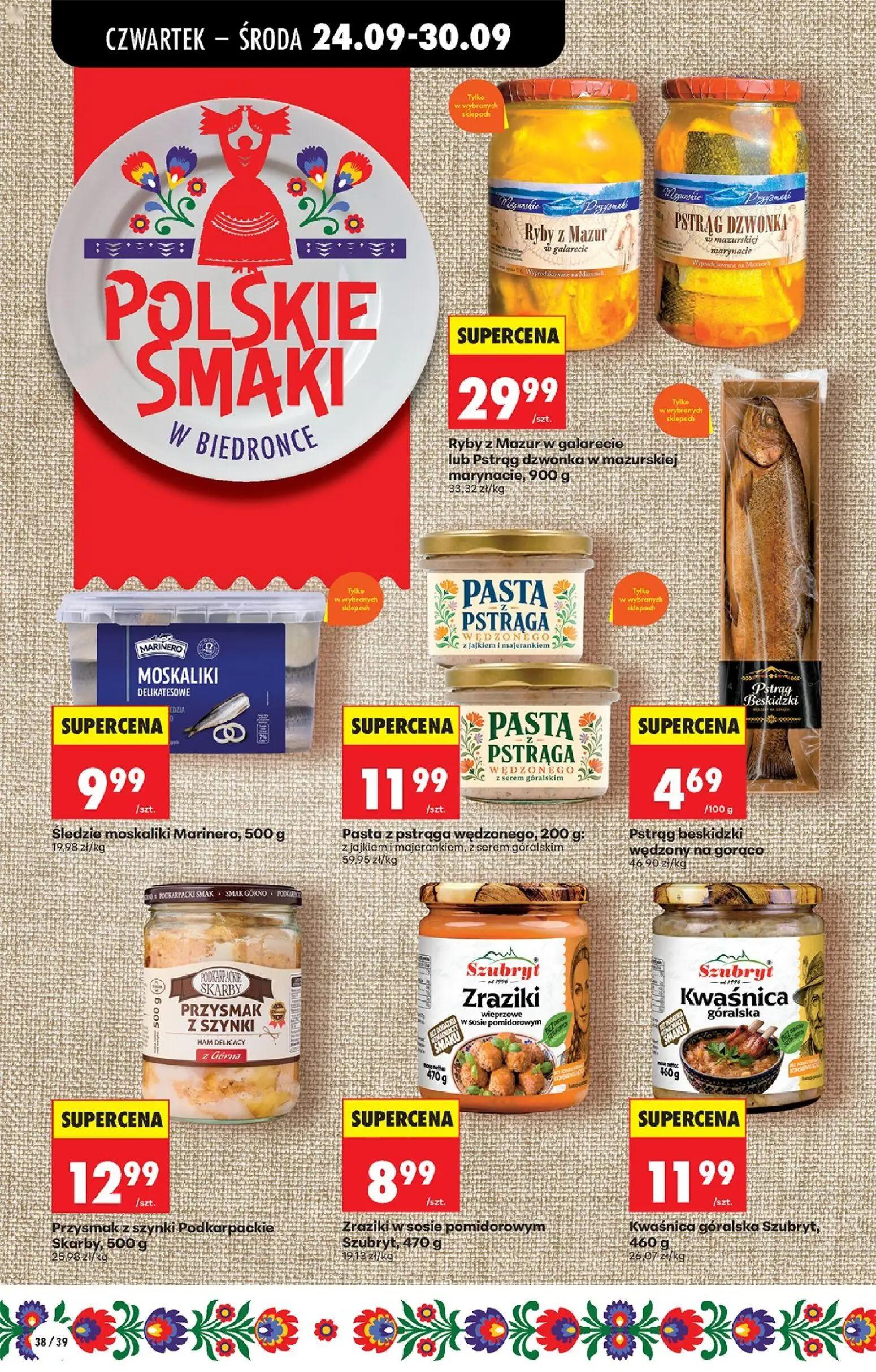Biedronka gazetka, strona 56 z 91 — Ryby z Mazur w galarecie lub Pstrąg dzwonka w mazurskiej marynacie, Śledzie moskaliki Ma…