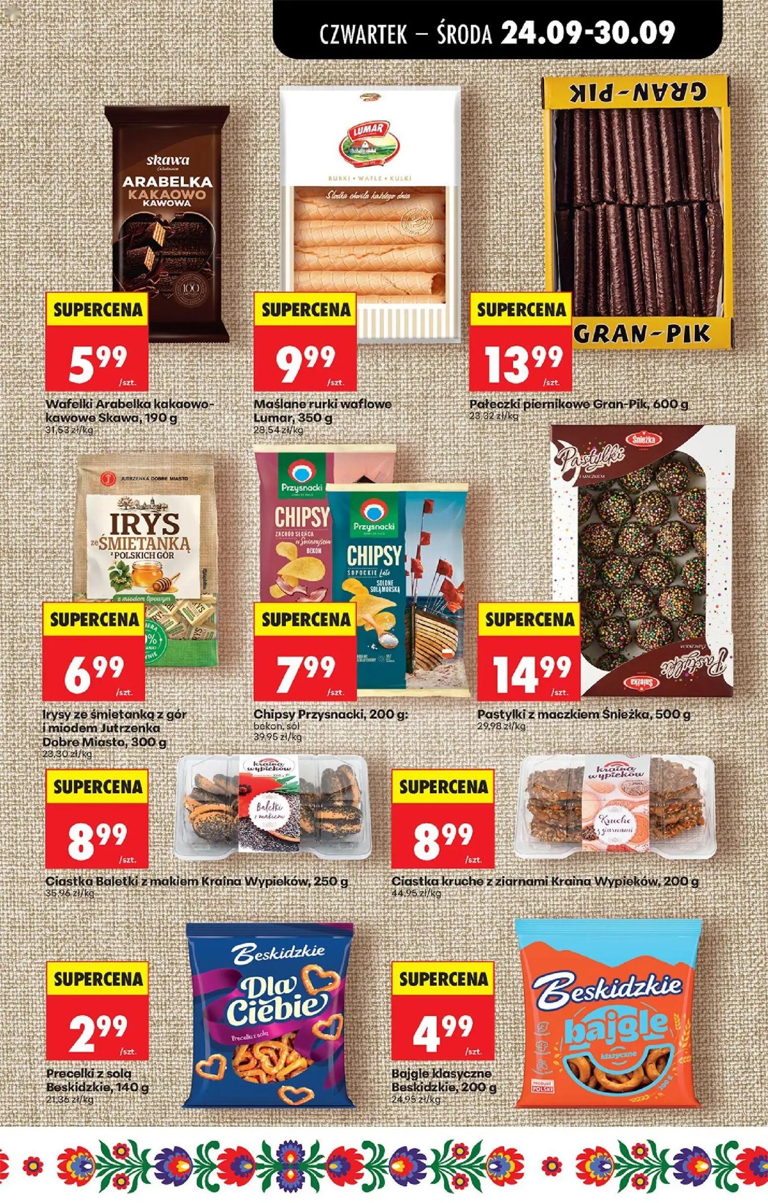 Biedronka gazetka, strona 59 z 91 — Wafelki Arabelka kakaowo-kawowe Skawa, Maślane rurki waflowe Lumar, Pałeczki piernikowe …