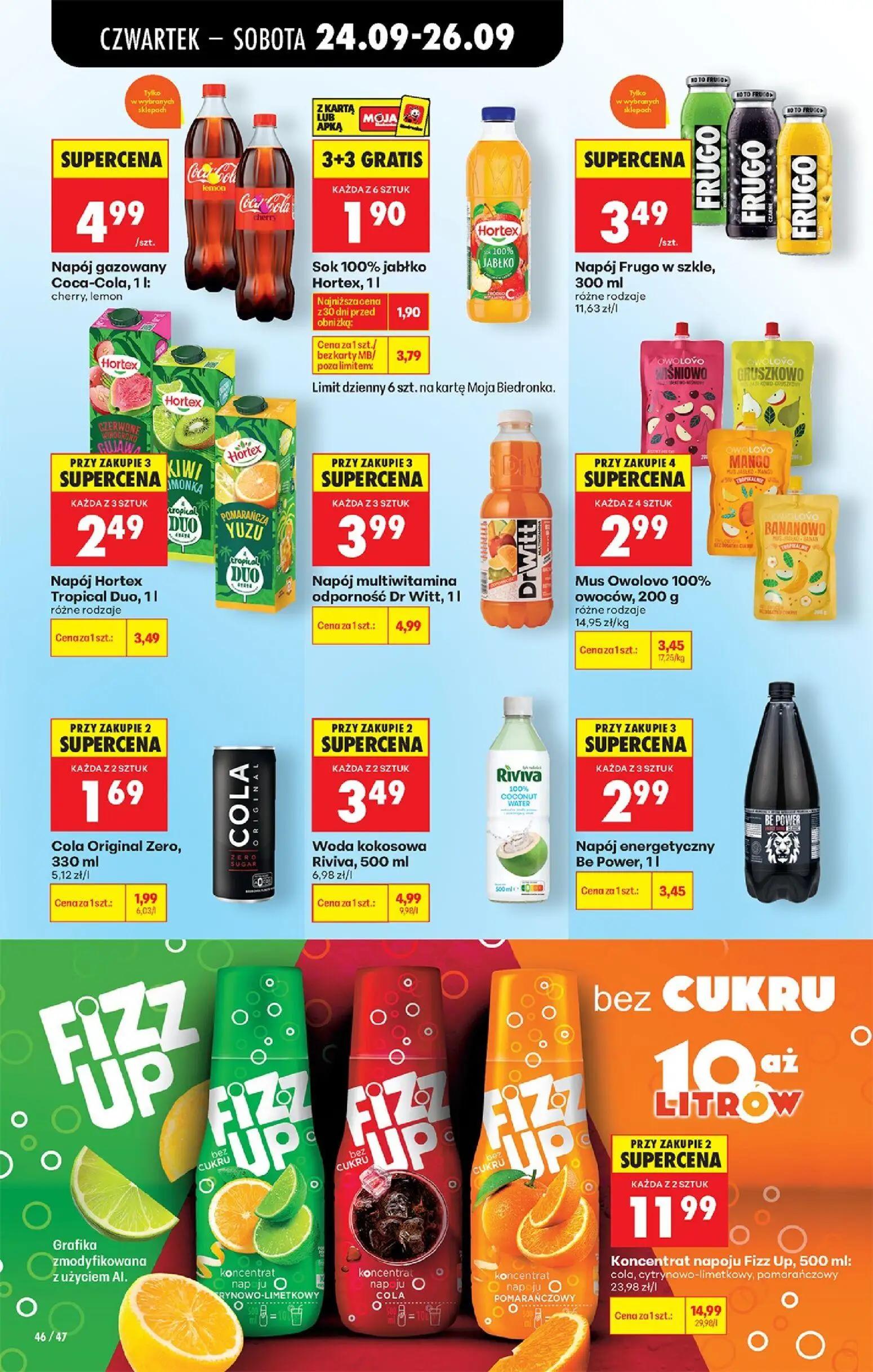 Biedronka gazetka, strona 70 z 91 — Sok 100% jabłko Hortex, Napój gazowany Coca-Cola, 1l: cherry, lemon, Napój Frugo w szkle