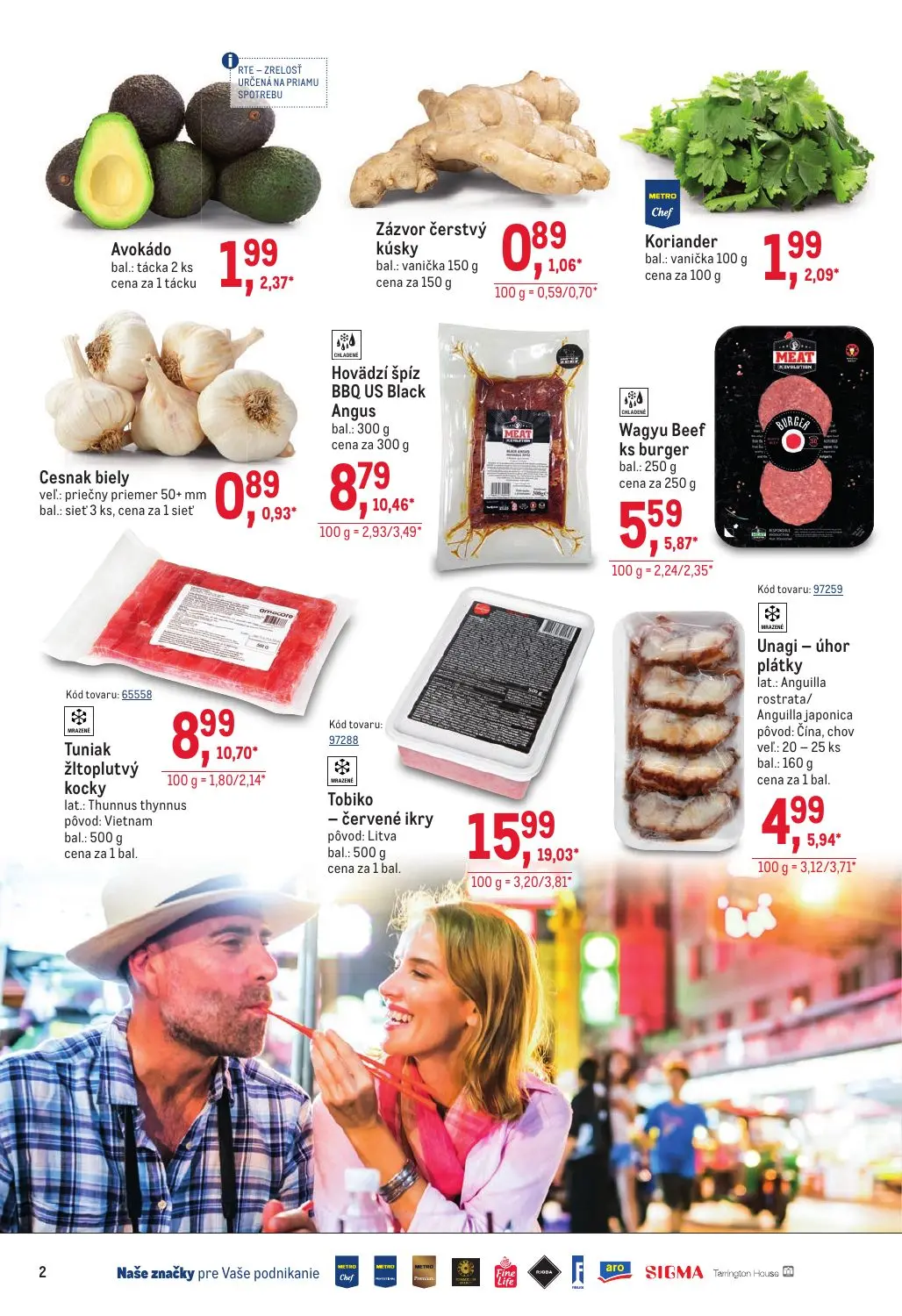Metro leták, strana 2 z 40 — Tobiko - červené ikry, Tuniak žltoplutvý kocky, Hovädzí špíz BBQ US Black Angus
