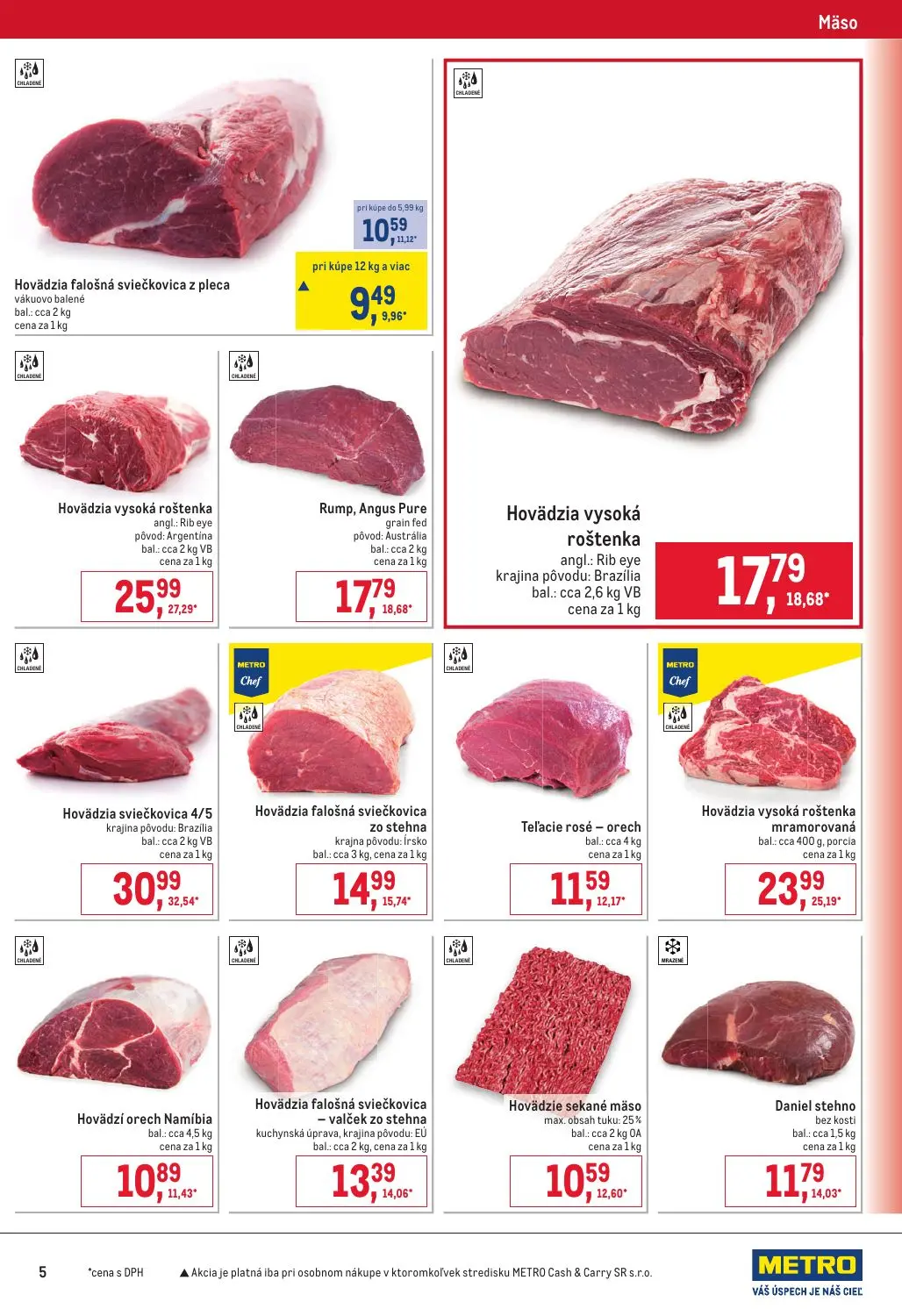 Metro leták, strana 5 z 6 — Hovädzia falošná sviečkovica z pleca vákuovo balené, Hovädzia vysoká roštenka angl.: Rib eye pôv…