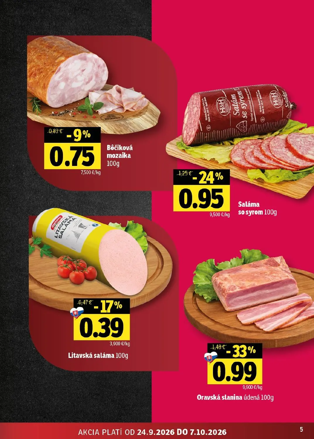 Fresh - západ leták, strana 5 z 44 — Oravská slanina údená, Saláma so syrom, Bôčiková mozaika