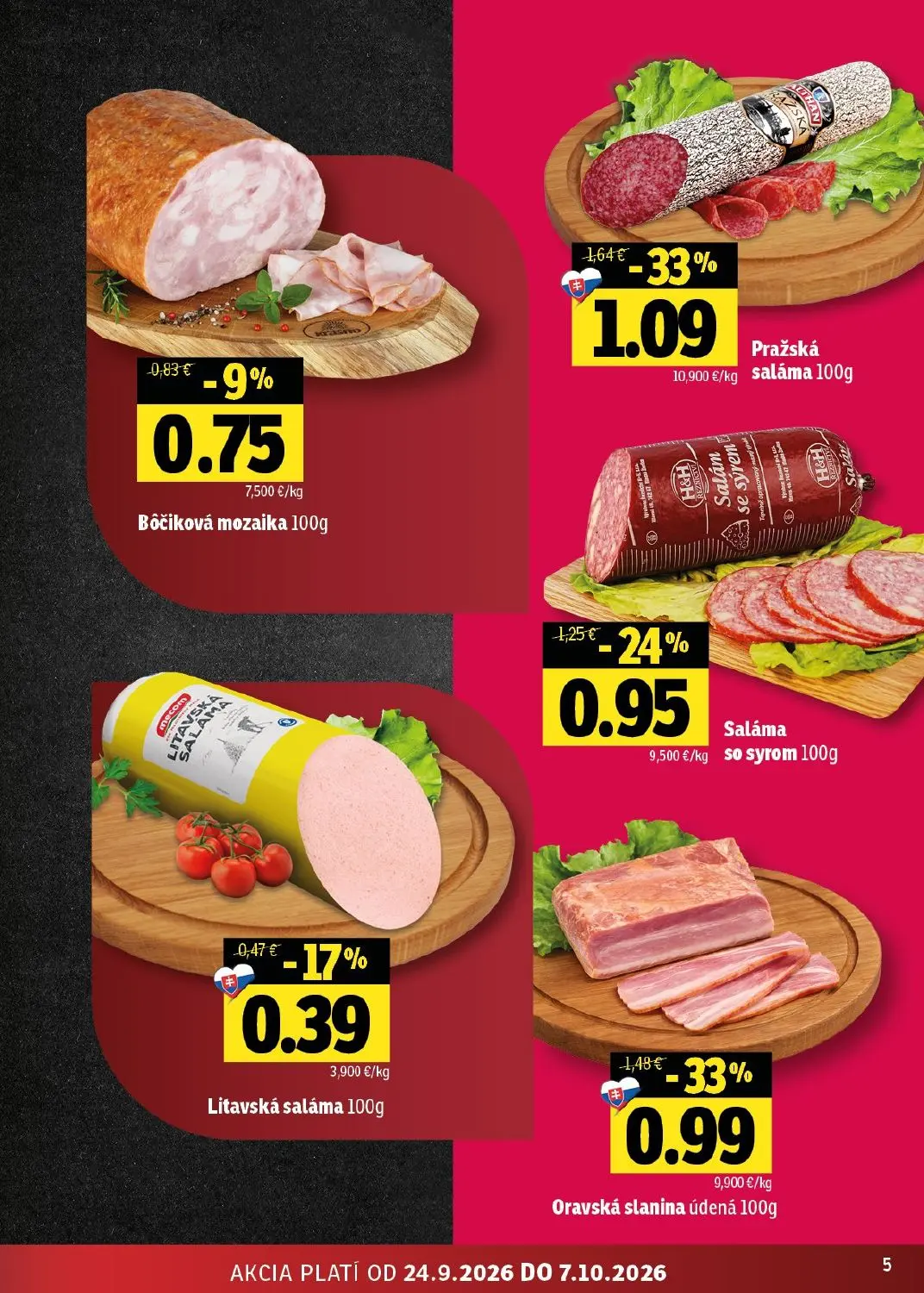 Fresh východ leták, strana 5 z 50 — Pražská saláma, Oravská slanina údená, Saláma so syrom