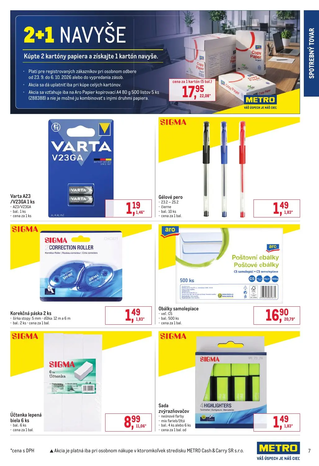 Metro leták, strana 7 z 8 — Aro Papier kopírovací A4 80 g 500 listov 5 ks, Varta A23 /V23GA, Gélové pero