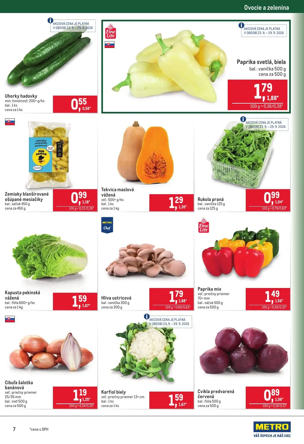 Metro leták, strana 7 z 40 — Uhorky hadovky, Paprika svetlá, biela, Zemiaky blanšírované ošúpané mesiačiky