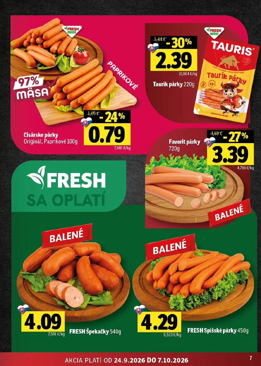 Fresh - západ leták, strana 7 z 44 — Favorit párky, Taurík párky, Cisárske párky Originál, Paprikové