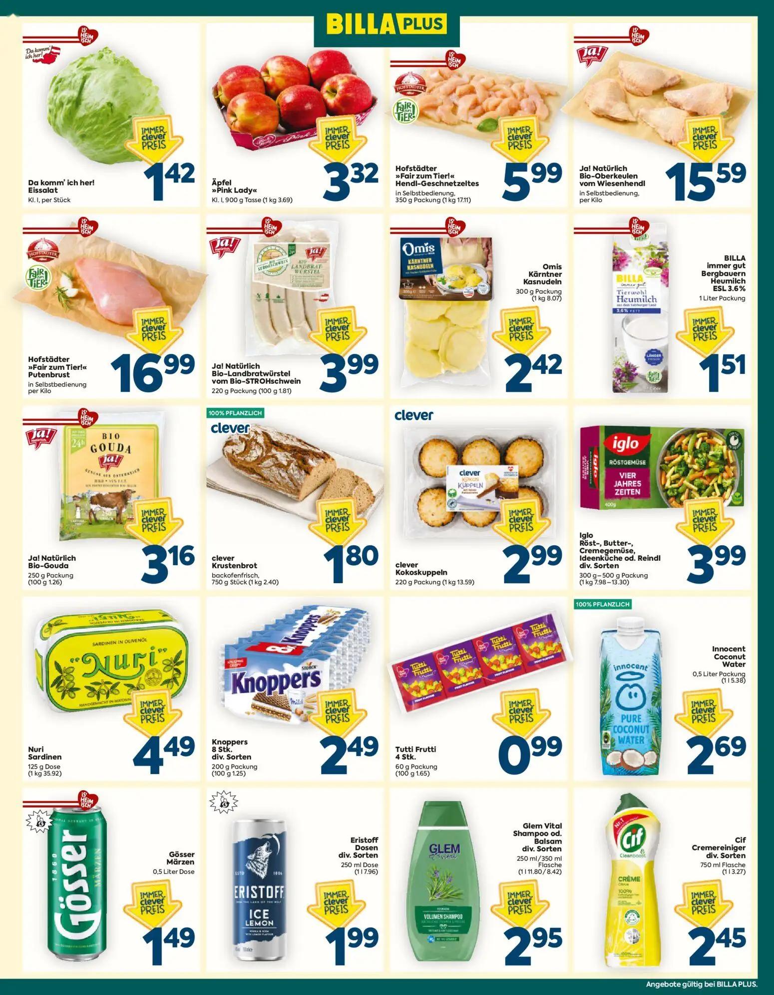 Billa Plus Prospekt, Seite 3 von 16 — Essalat, Äpfel >>Pink Lady«, Hofstädter >>Fair zum Tier!« Hendl-Geschnetzeltes