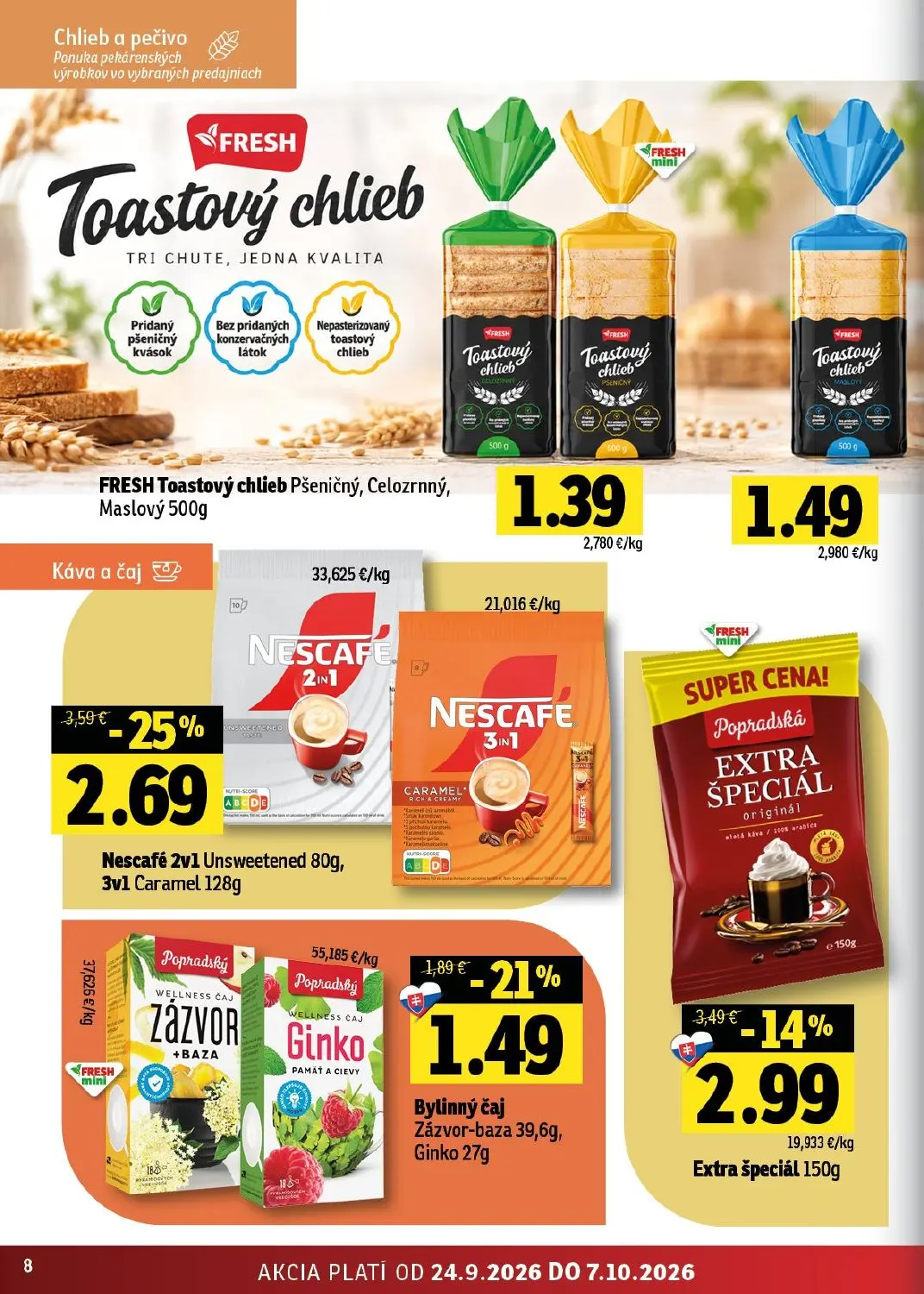 Fresh - západ leták, strana 8 z 44 — Nescafé 2v1 Unsweetened, Popradská Extra špeciál originál, Popradský Zázvor-baza