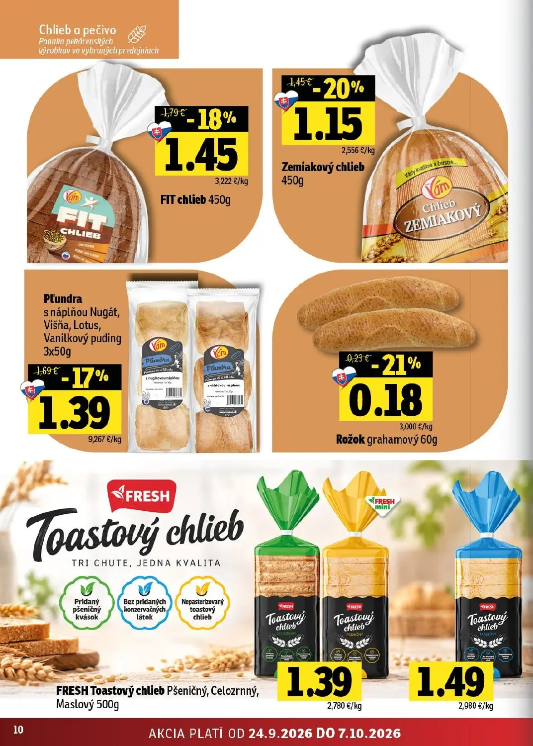 Fresh východ leták, strana 10 z 50 — FIT chlieb, Zemiakový chlieb, Pl'undra s náplňou Nugát, Višňa, Lotus, Vanilkový puding