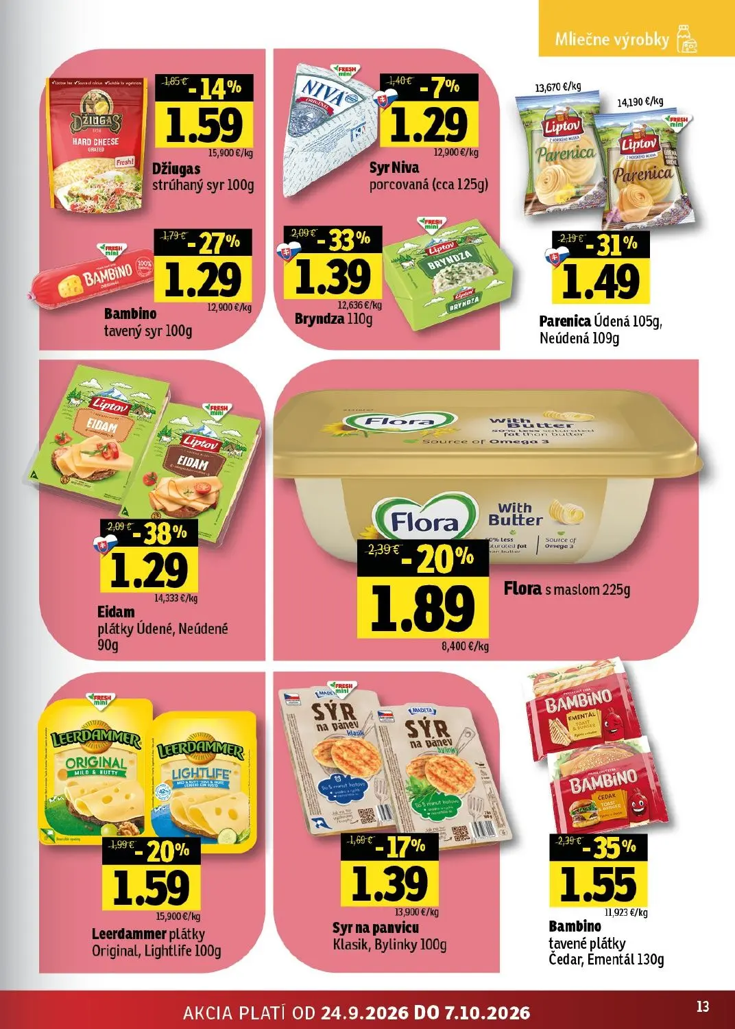 Fresh - západ leták, strana 13 z 44 — Bambino tavené plátky Čedar, Ementál, Eidam plátky Údené, Neúdené, Parenica Údená, Neú…