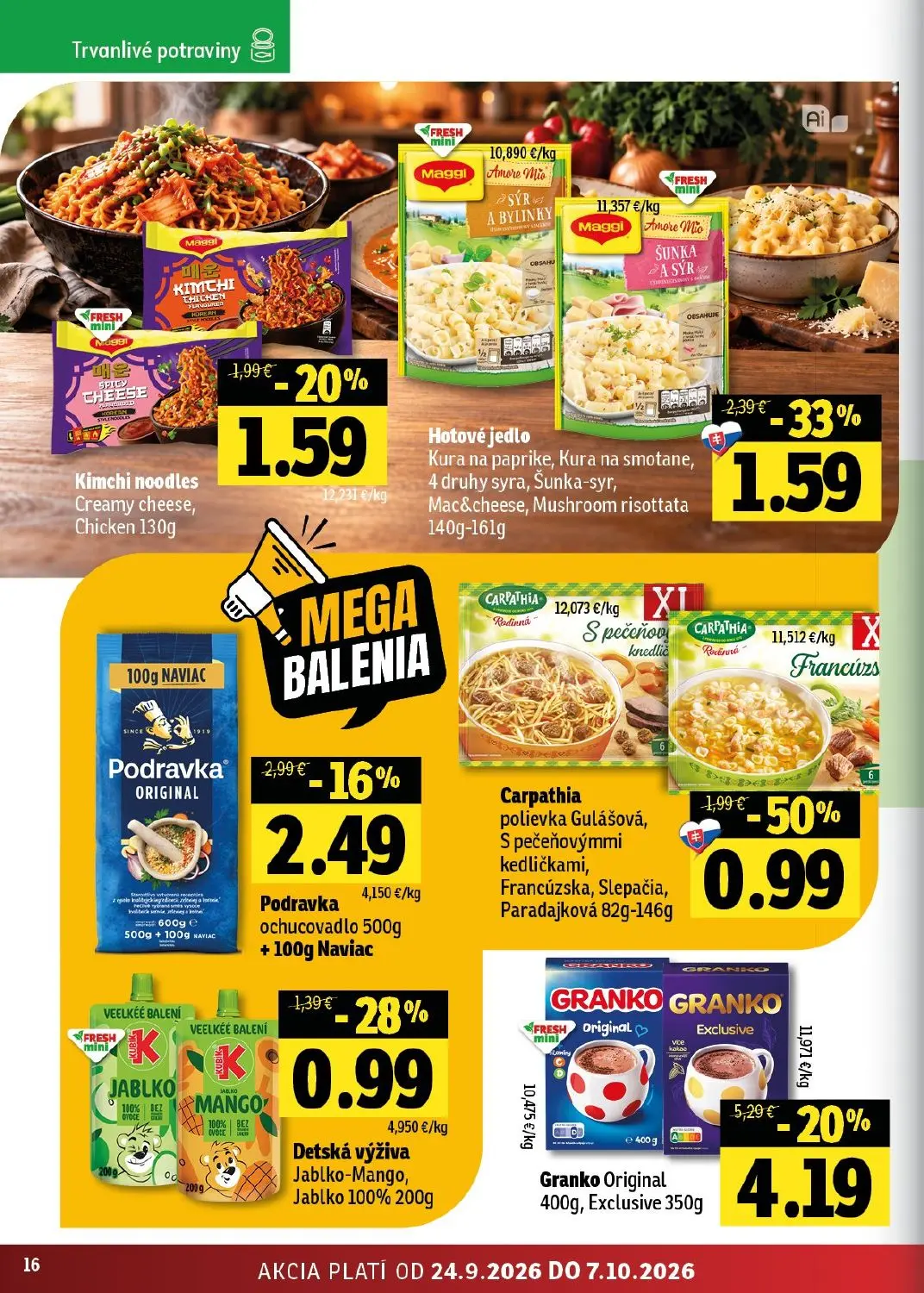 Fresh - západ leták, strana 16 z 44 — Granko Original, Granko Exclusive, Carpathia polievka Gulášová, S pečeňovýmmi kedlička…