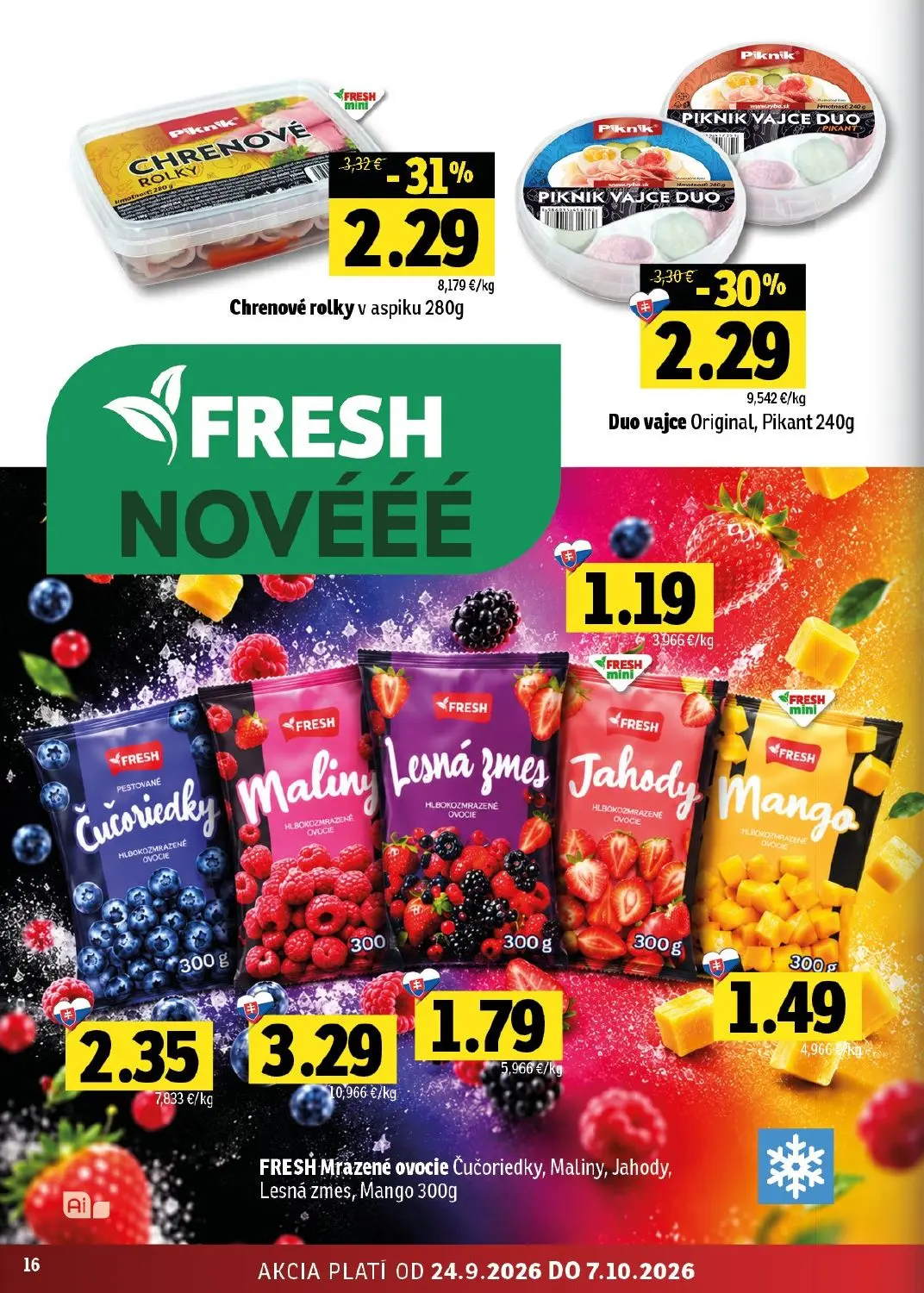 Fresh východ leták, strana 16 z 50 — Chrenové rolky v aspiku, Duo vajce Original, Pikant, FRESH Mrazené ovocie
