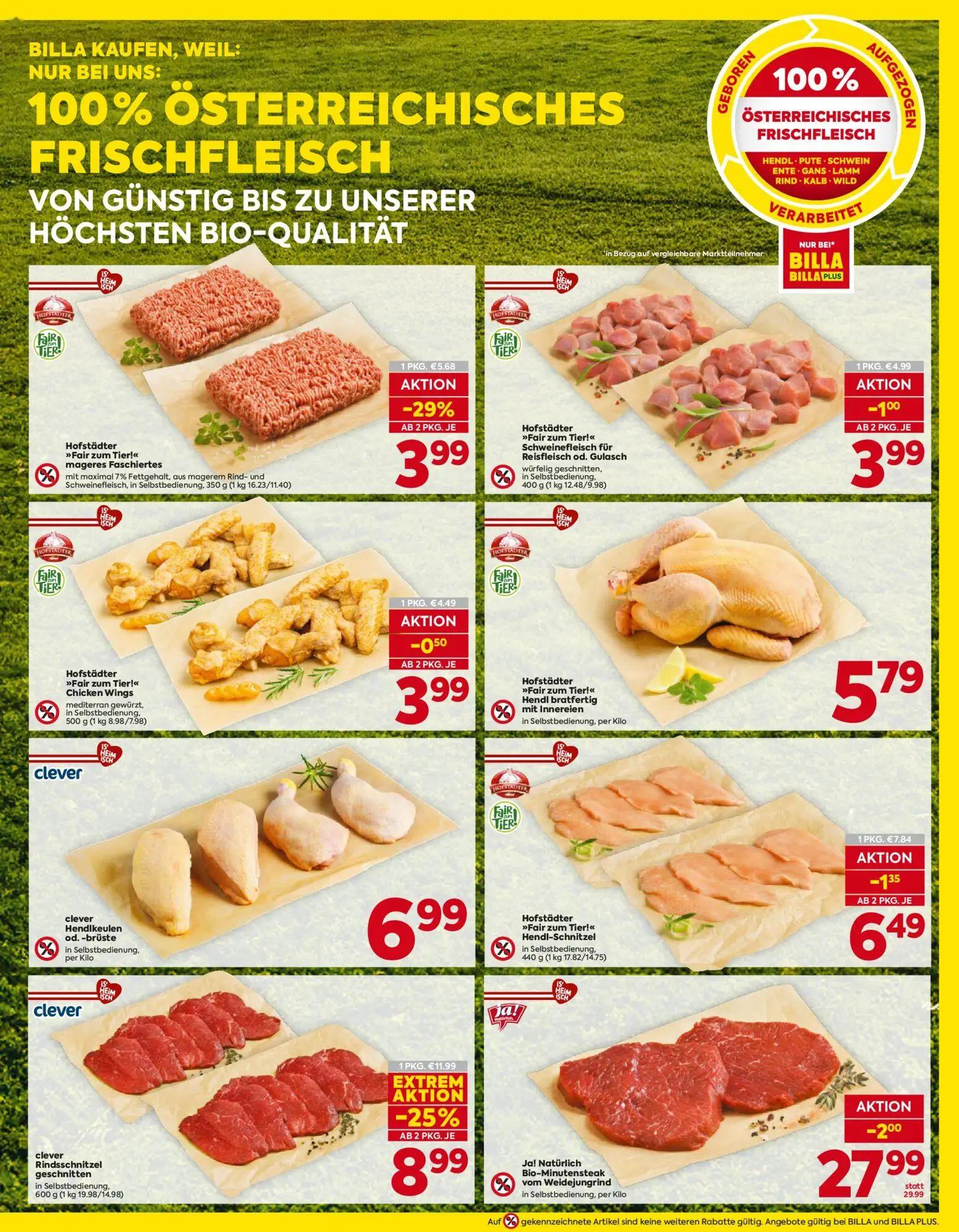 Billa Prospekt, Seite 5 von 16 — clever Rindsschnitzel geschnitten, Ja! Natürlich Bio-Minutensteak vom Weidejungrind, Hofstä…
