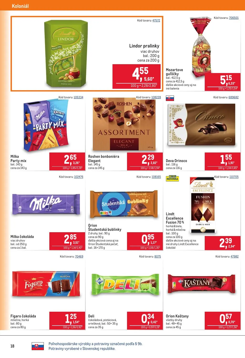 Metro leták, strana 18 z 40 — Lindor pralinky, Mozartove guľôčky, Milka Party mix